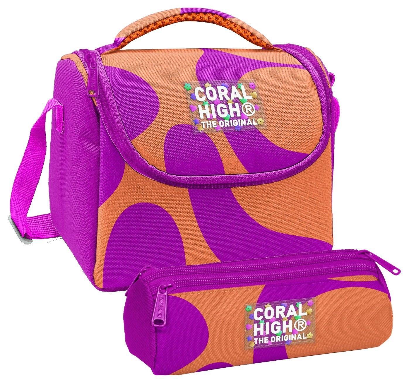 Coral High Kız Çocuk Turuncu Mor Renkli Çizgili Thermo Beslenme Çantası ve Üç Bölmeli Kalem Çantası Seti
