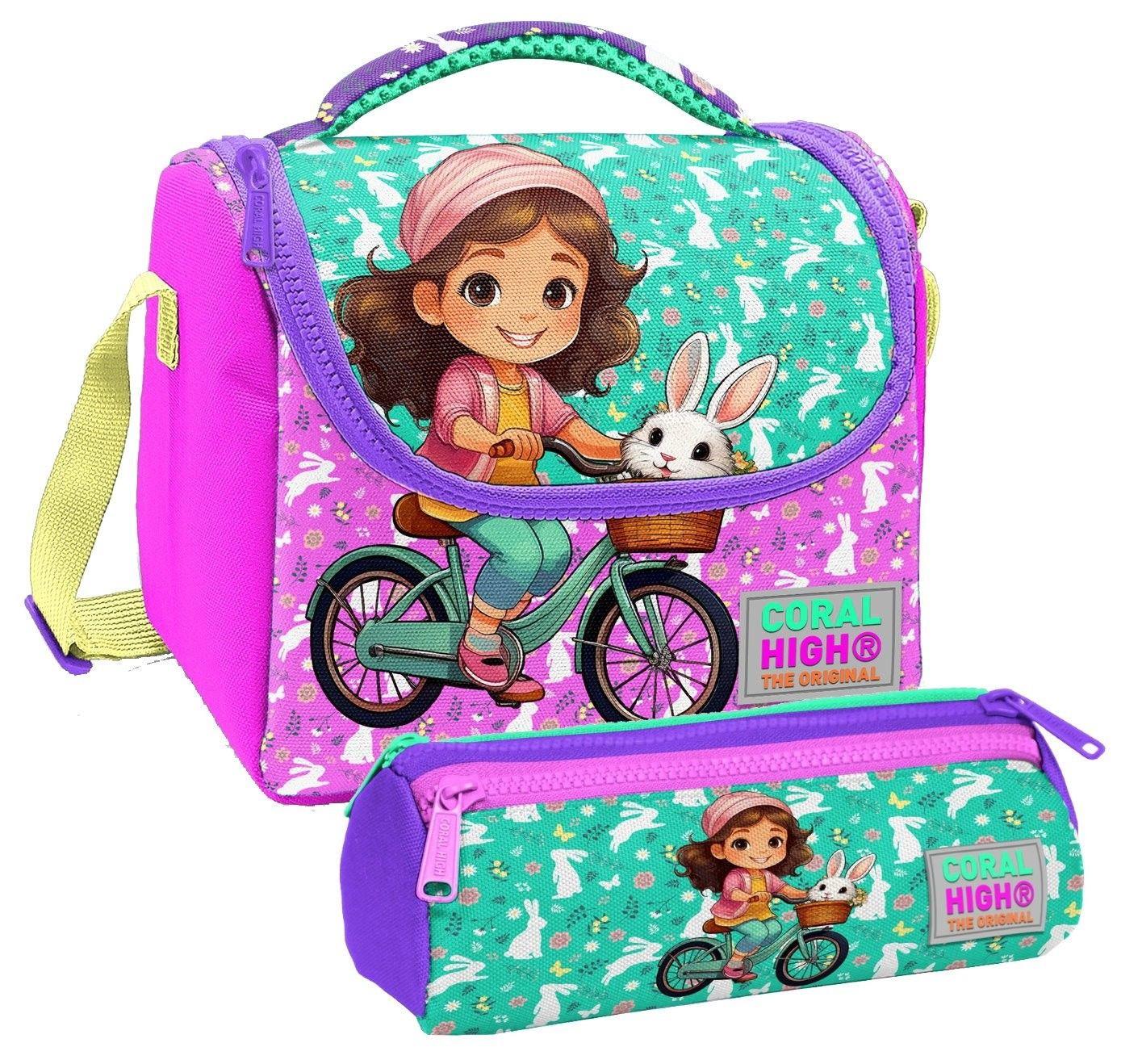 Coral High Kız Çocuk Yeşil Pembe Bisikletli Kız Thermo Beslenme Çantası ve Üç Bölmeli Kalem Çantası Seti