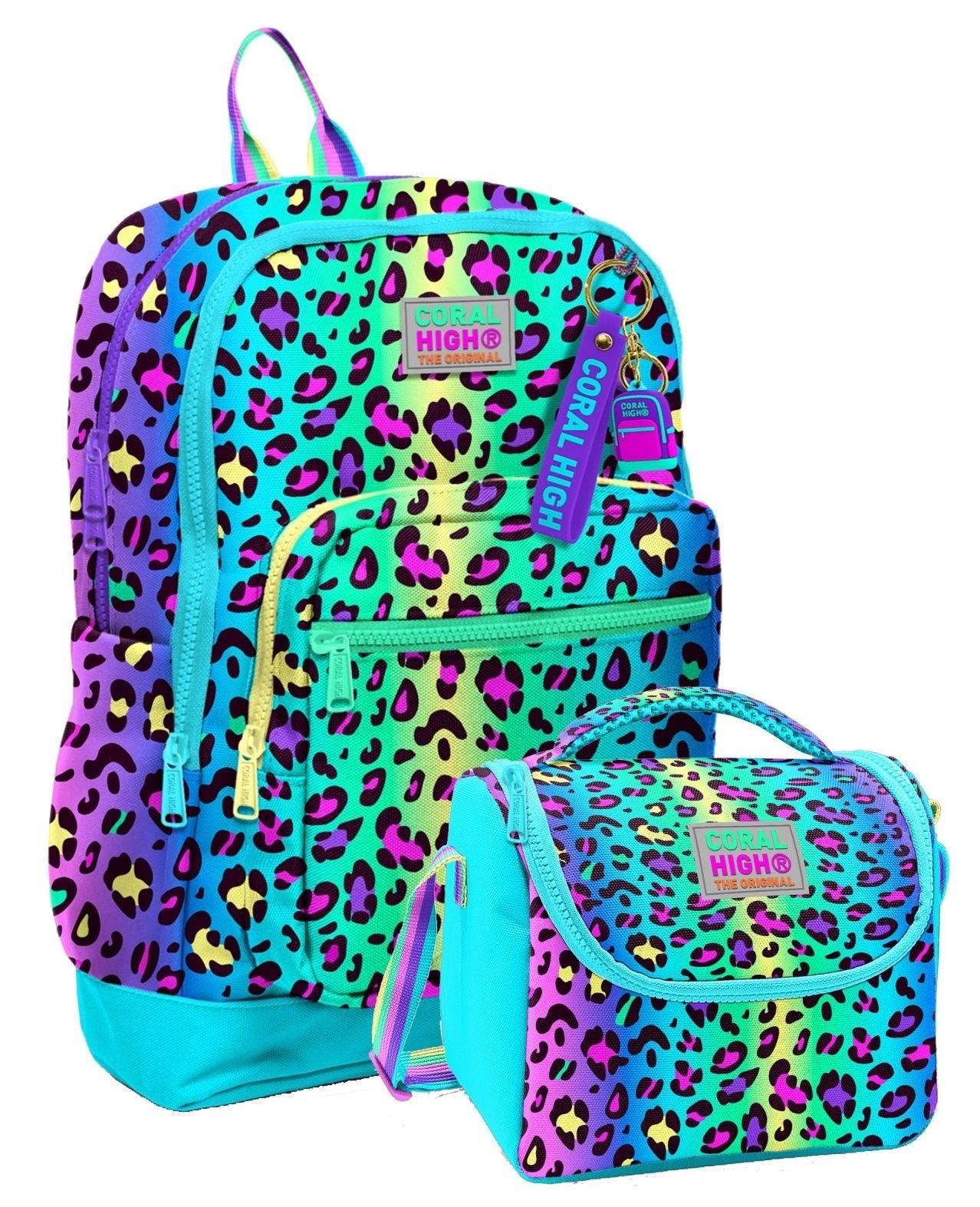 Coral High Kız Çocuklar İçin Dayanıklı İkili İlk Okul Çanta Seti  - Yeşil Mor Leopar