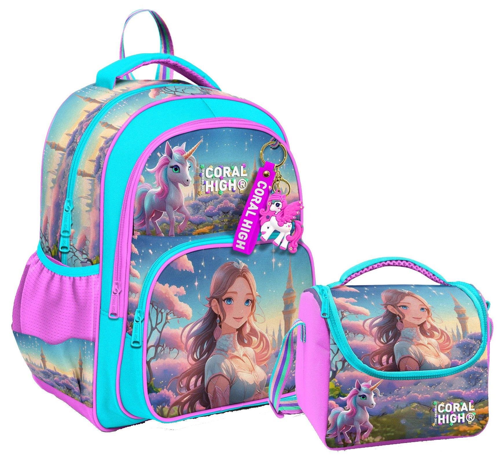 Coral High Kız Çocuklara Özel İlkokul Çantası ve Beslenme Çantası Takım - Turkuaz Pembe Anime Kız