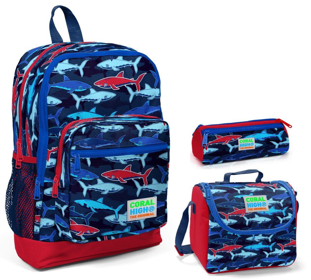Coral High Köpekbalığı Baskılı Erkek Çocuk 3'lü İlkokul Çanta Seti