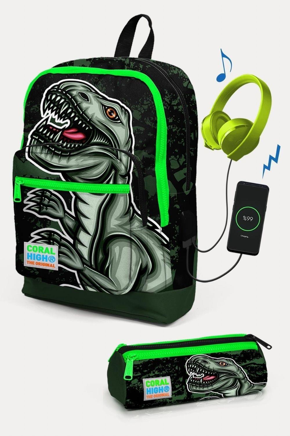 Coral High Koyu Yeşil Siyah Dinazor Desenli USB'li 2'li Erkek Çocuk Okul Çanta Seti
