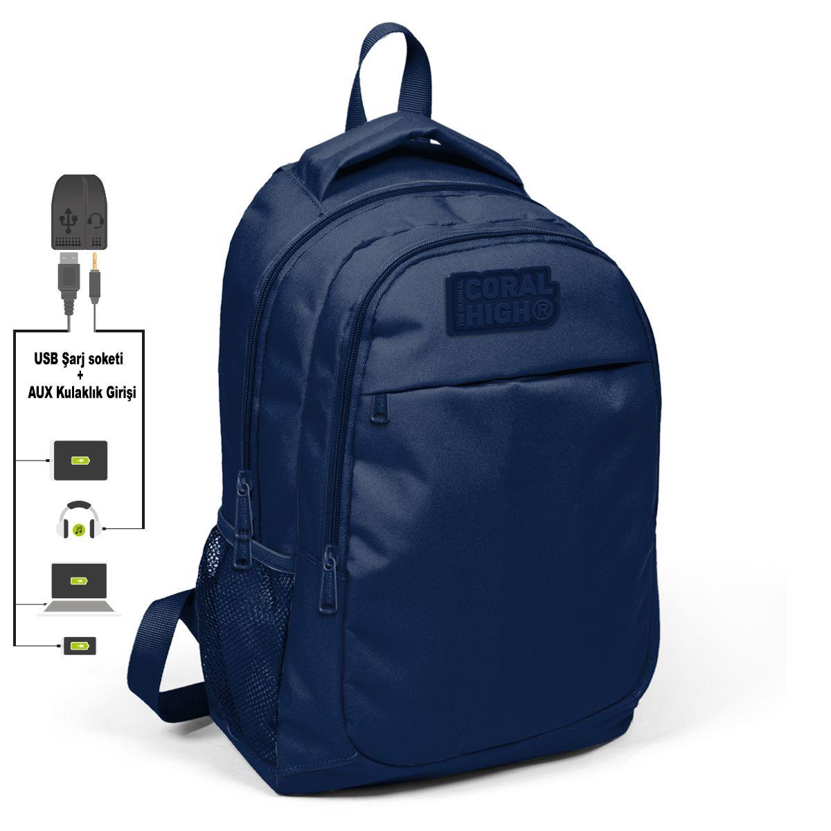 Coral High Lacivert İlk ve Ortaokul Sırt Çantası - USB ve AUX Çıkışlı
