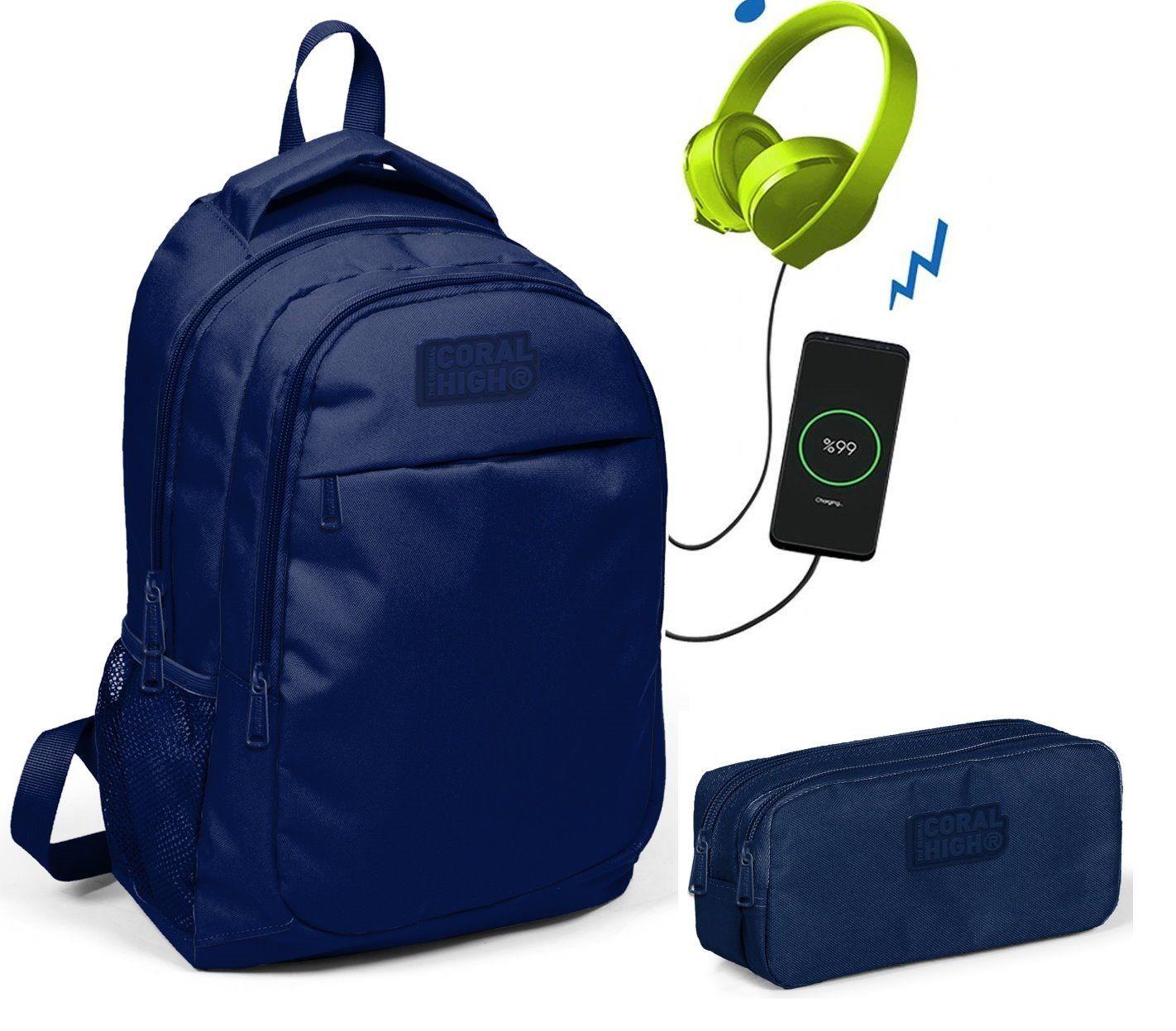 Coral High Lacivert İlkokul Çantası ve Kalemlik Seti - USB Soketli