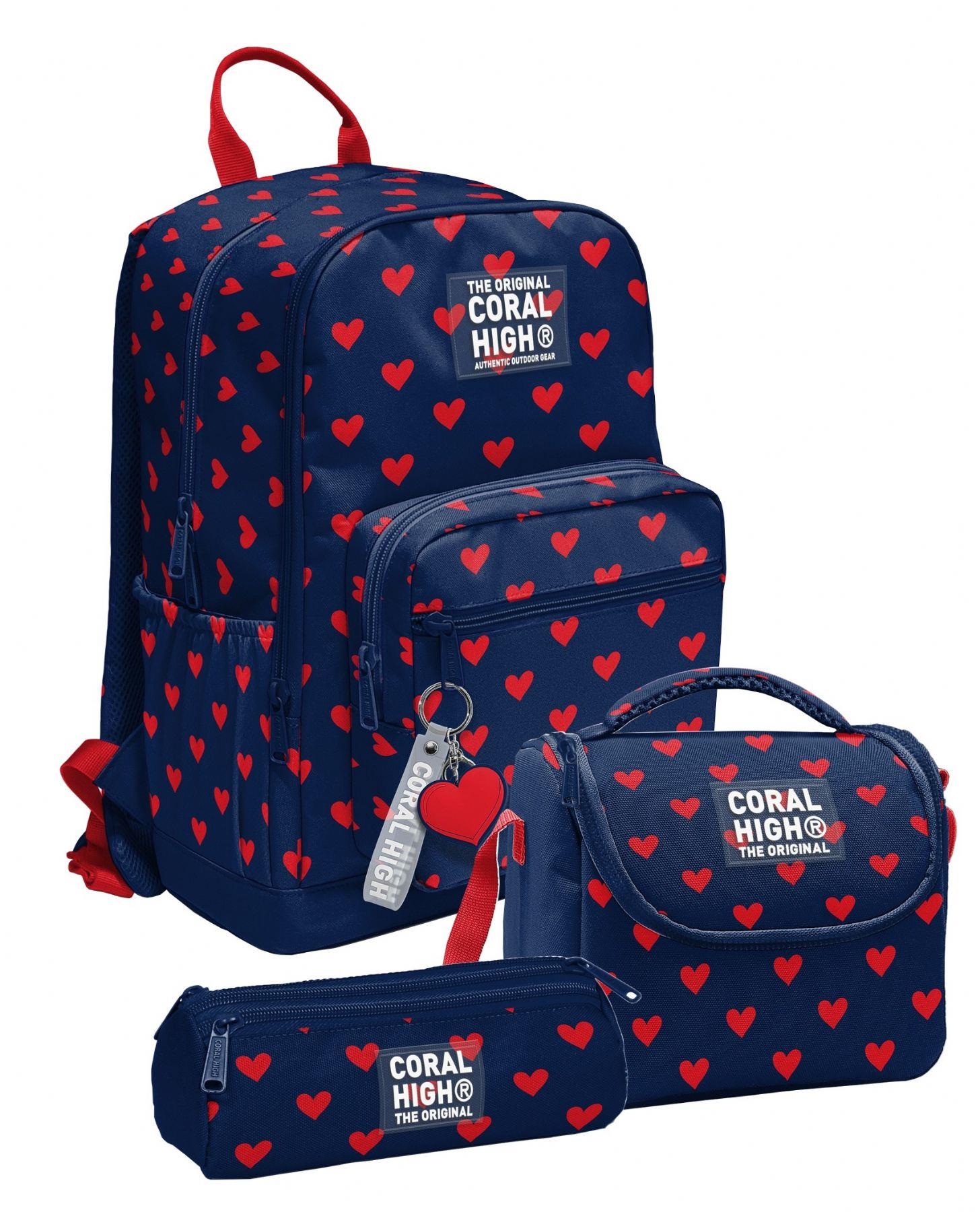 Coral High Lacivert Kırmızı Kalp Desenli Kız Çocuk İlkokul ve Ortaokul Üçlü Okul Çanta Seti SETYGN33229A