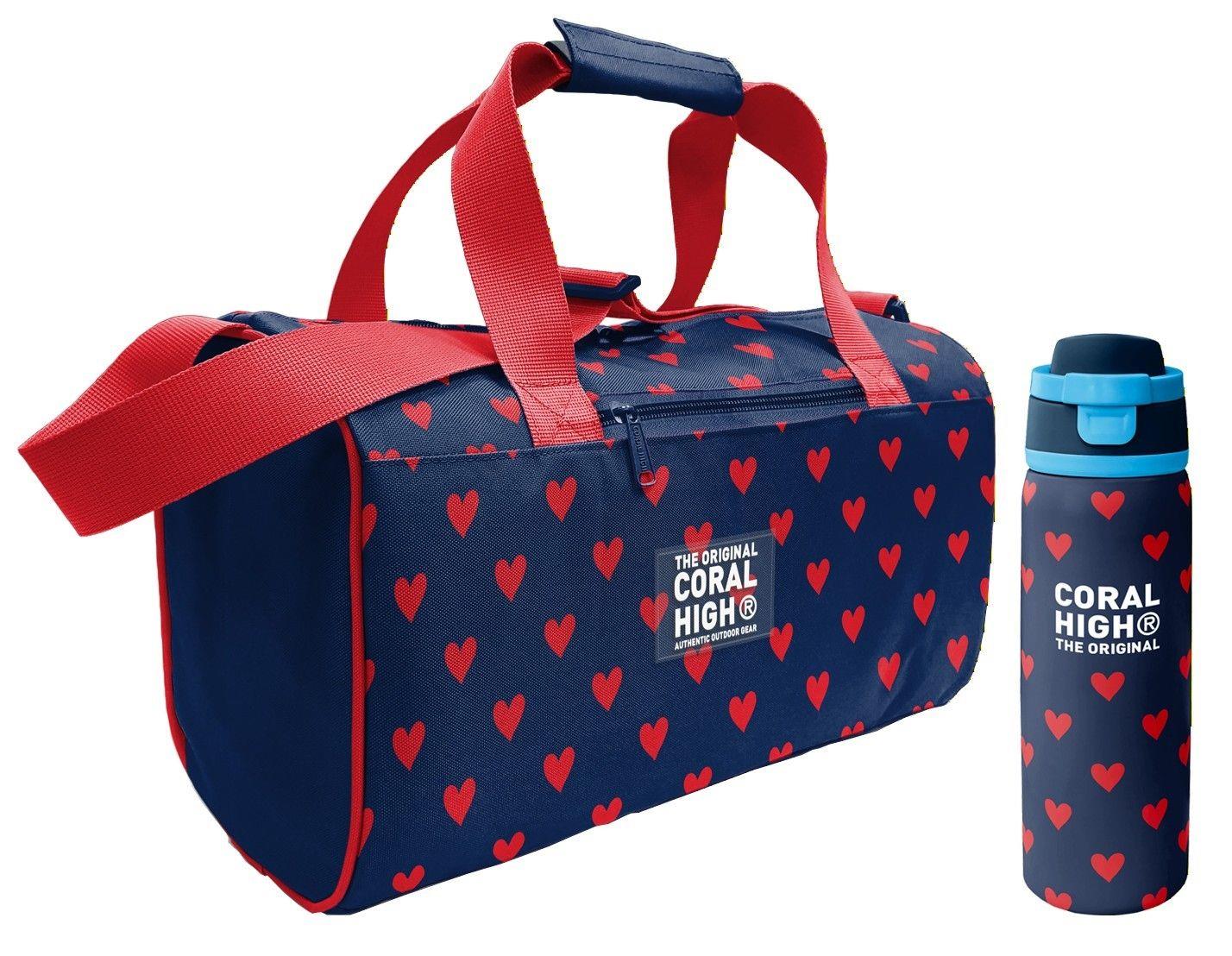 Coral High Lacivert Kırmızı Kalp Desenli Kız Çocuk Spor Çantası ve 800 ml Çelik Matara Seti 27547