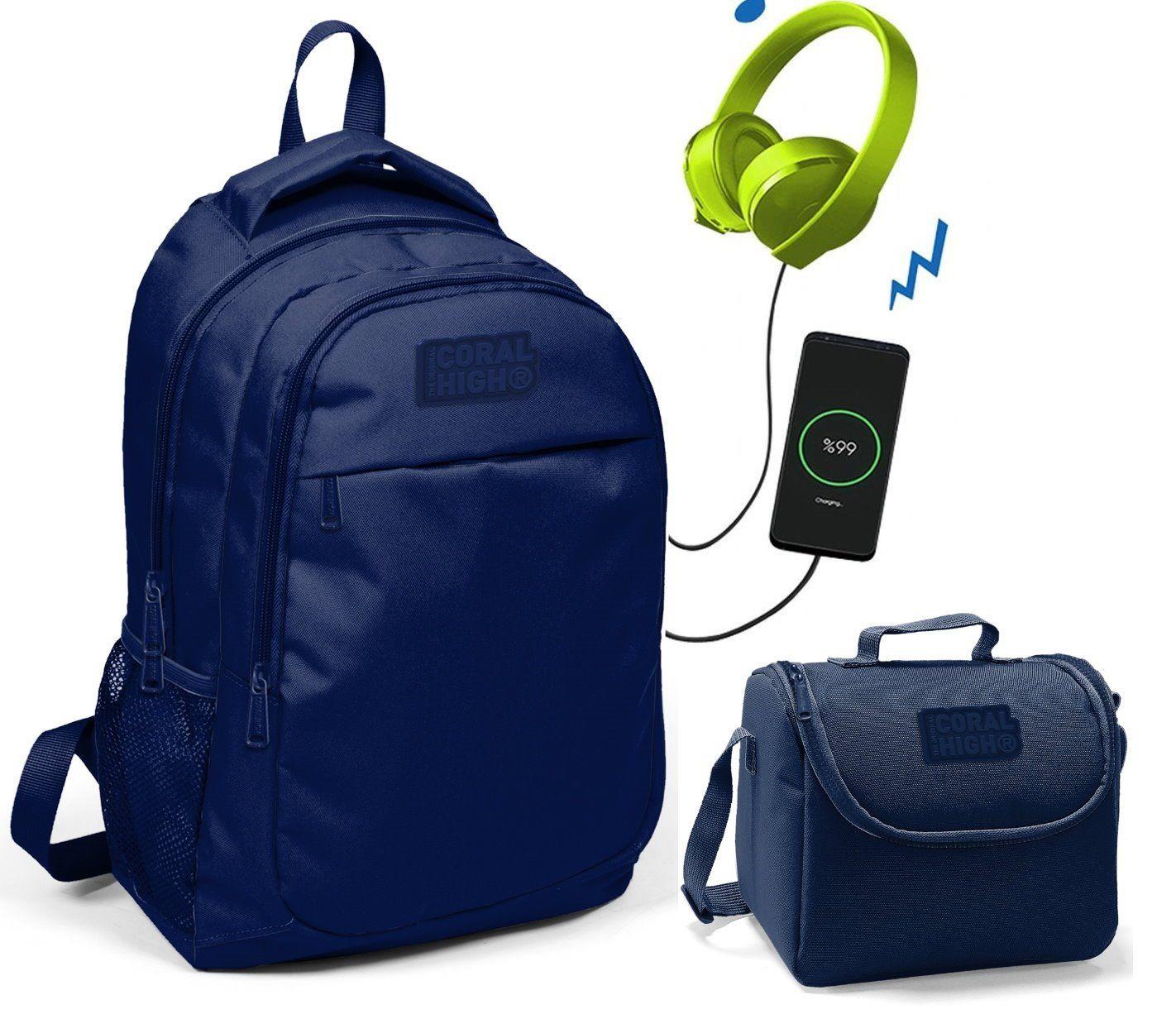 Coral High Lacivert Okul ve Beslenme Çantası - Erkek Çocuk  - USB Soketli