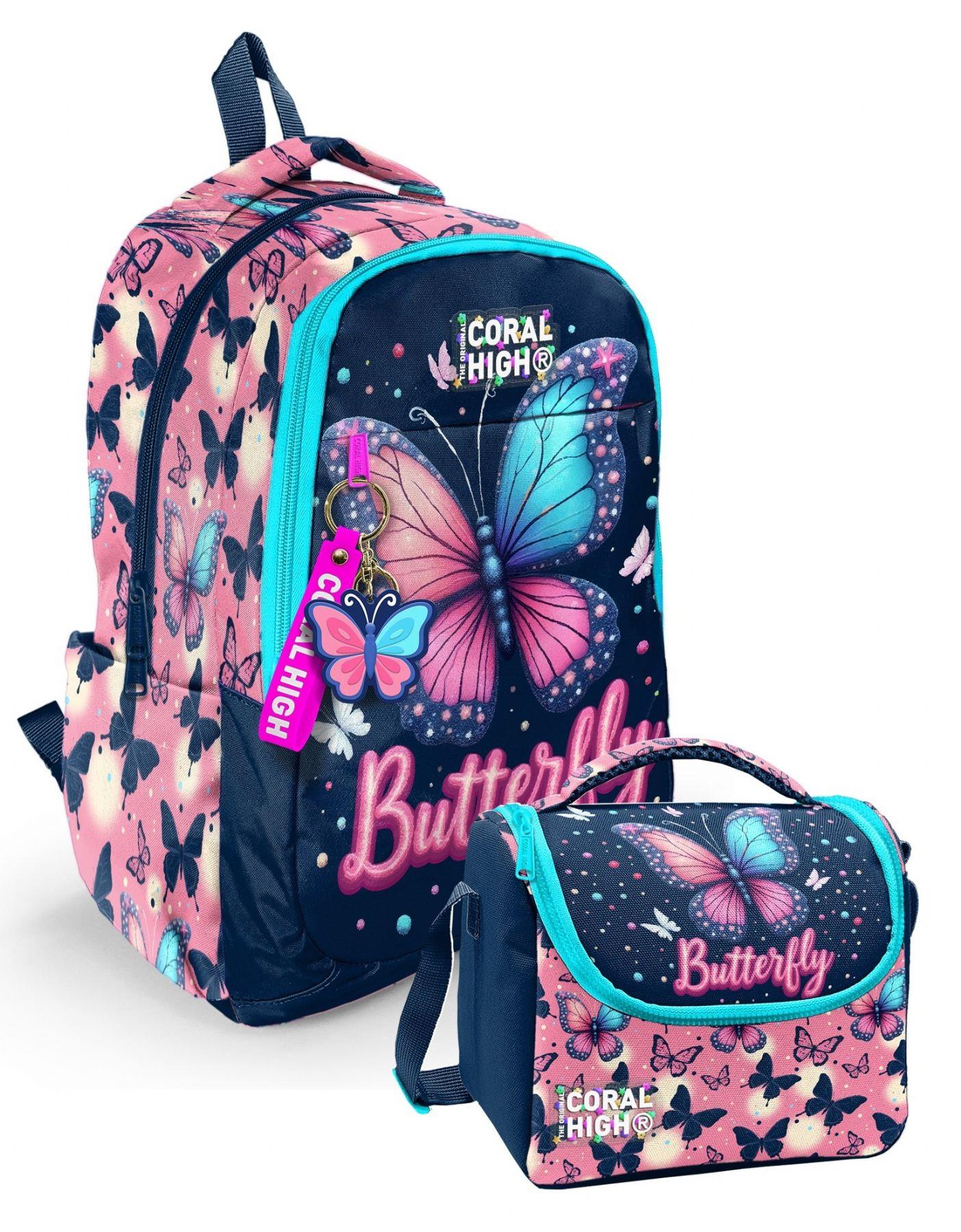 Coral High Lacivert Pembe Kelebek Desenli Kız Çocuk İkili Sırt Çantası+Beslenme Çantası Seti