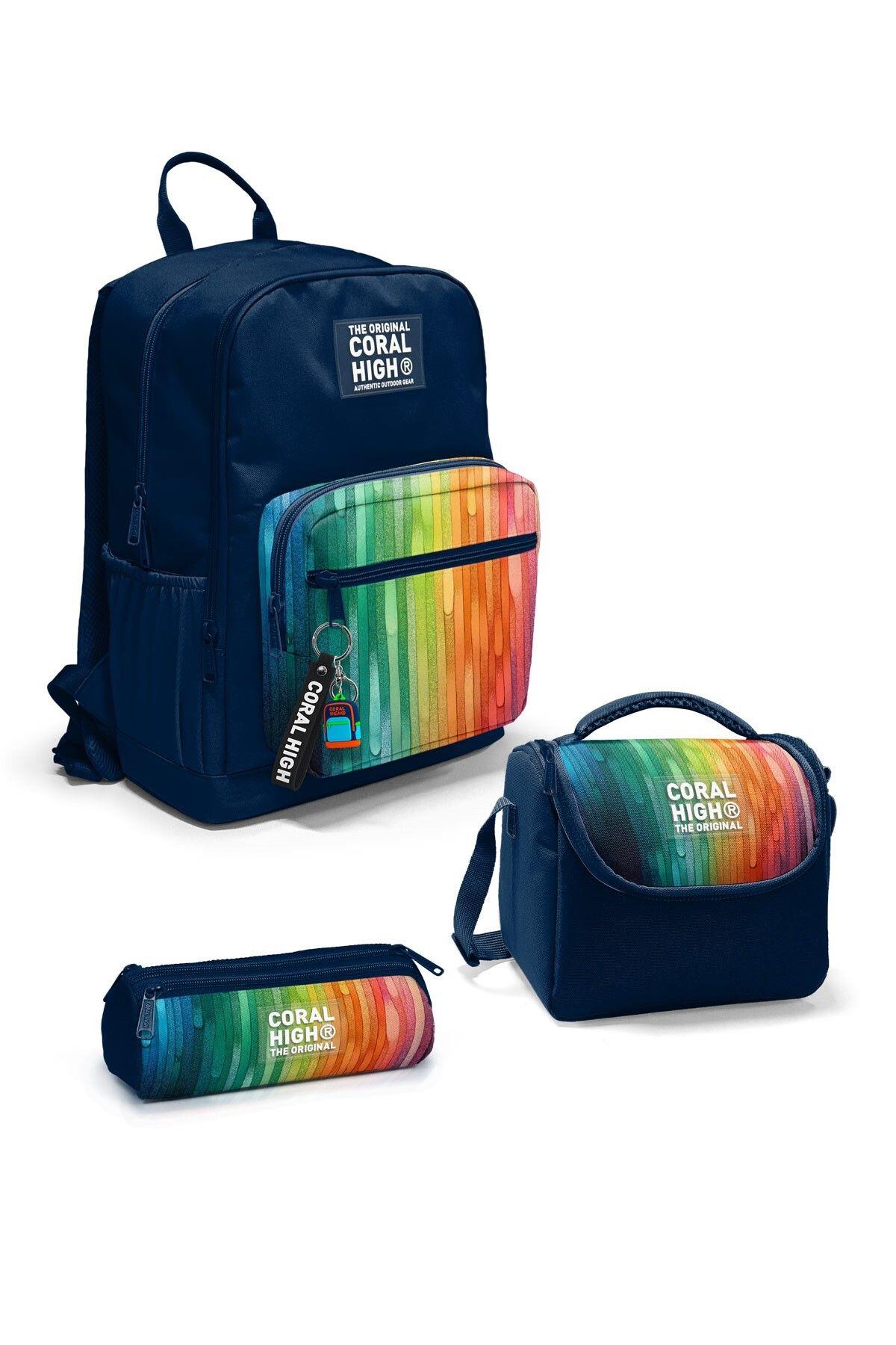 Coral High Lacivert Renkli Çizgili 3'lü Okul Çanta Seti SET0123690 - Erkek