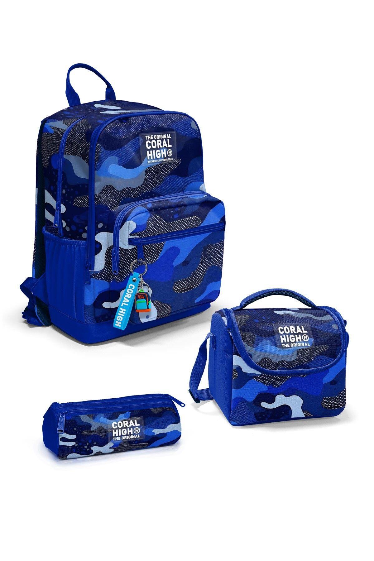 Coral High Lacivert Saks Kamuflaj Desenli 3'lü Okul Çanta Seti SET0123689 - Erkek