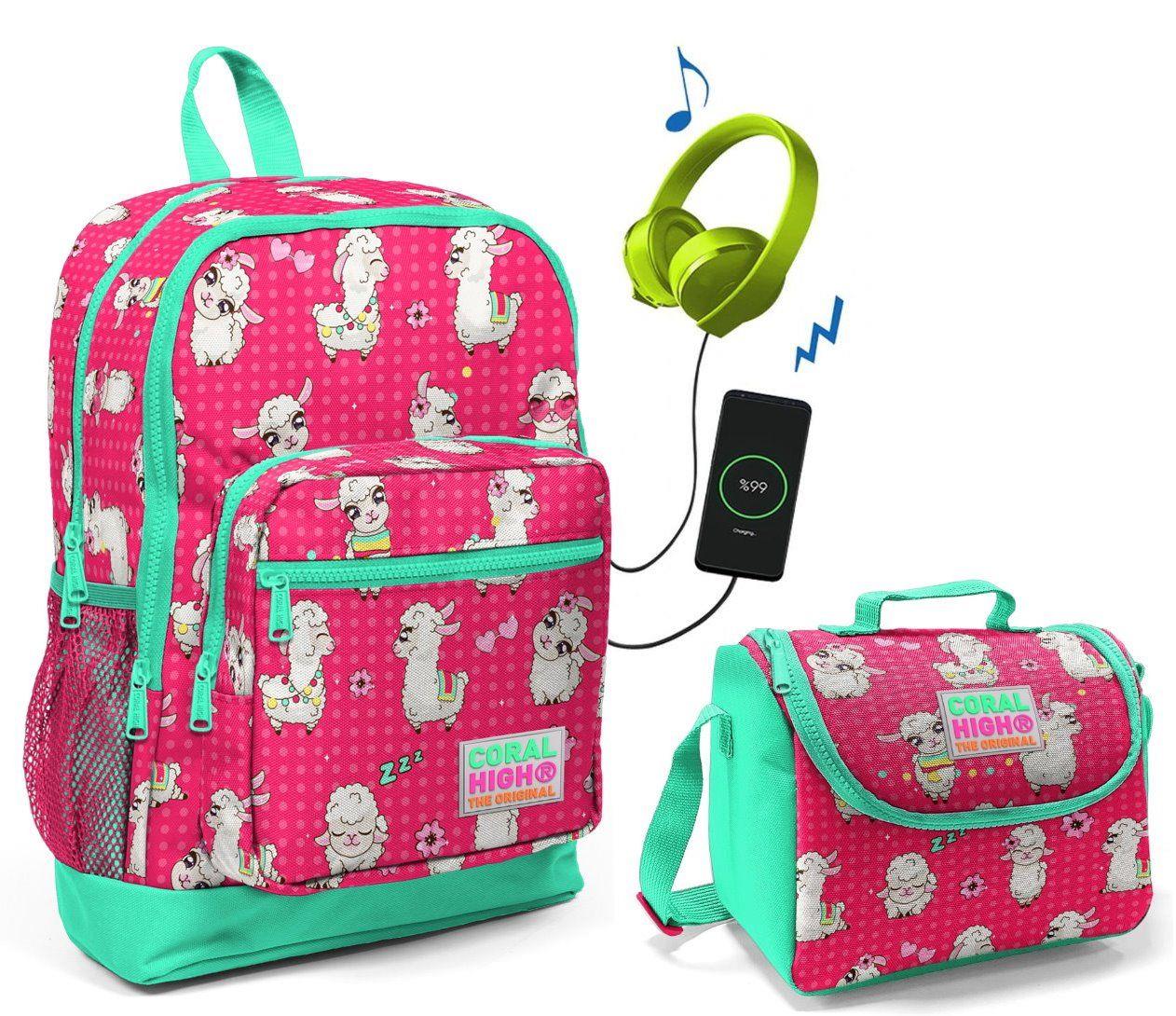 Coral High Lama Baskılı Okul Çantası ve Beslenme Çantası Seti - USB Soketli - Kız Çocuk