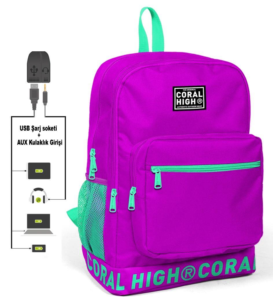 Coral High Logo Nakışlı Mor-Yeşil Ortaokul, Lise ve Günlük Sırt Çantası(USB VE AUX SOKETLİ)