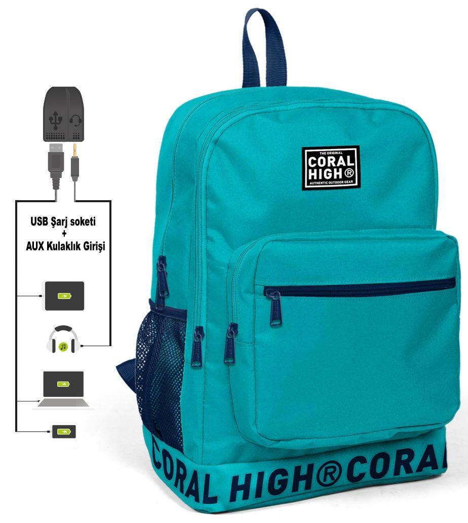 Coral High Logo Nakışlı Turkuaz Ortaokul, Lise ve Günlük Sırt Çantası(USB VE AUX SOKETLİ) - Erkek