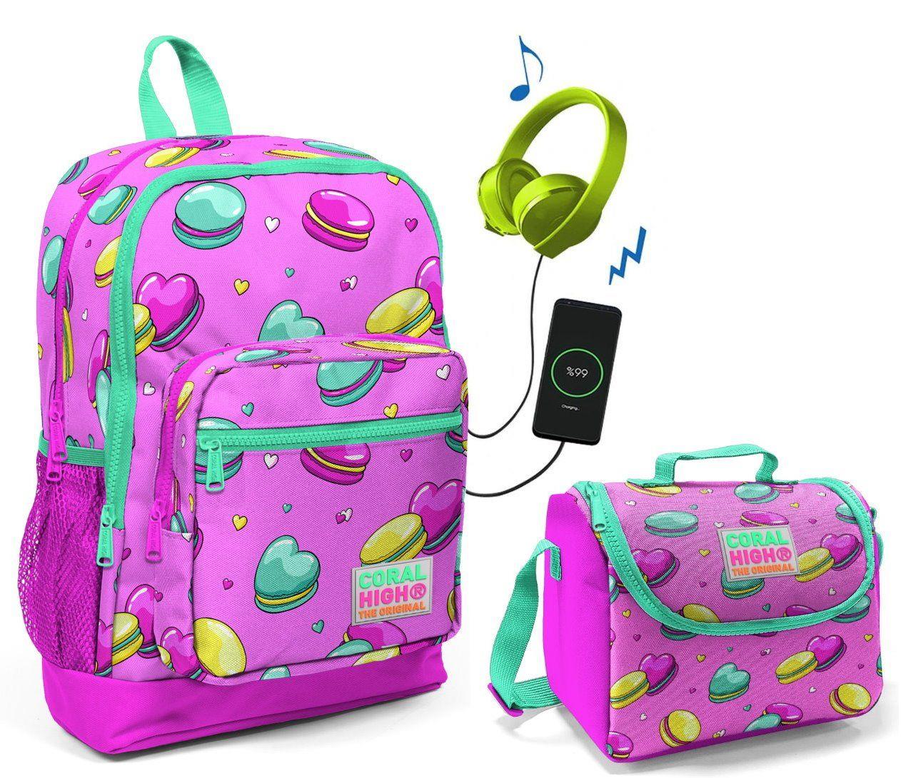 Coral High Makaron Baskılı Okul Çantası ve Beslenme Çantası Seti - USB Soketli - Kız Çocuk