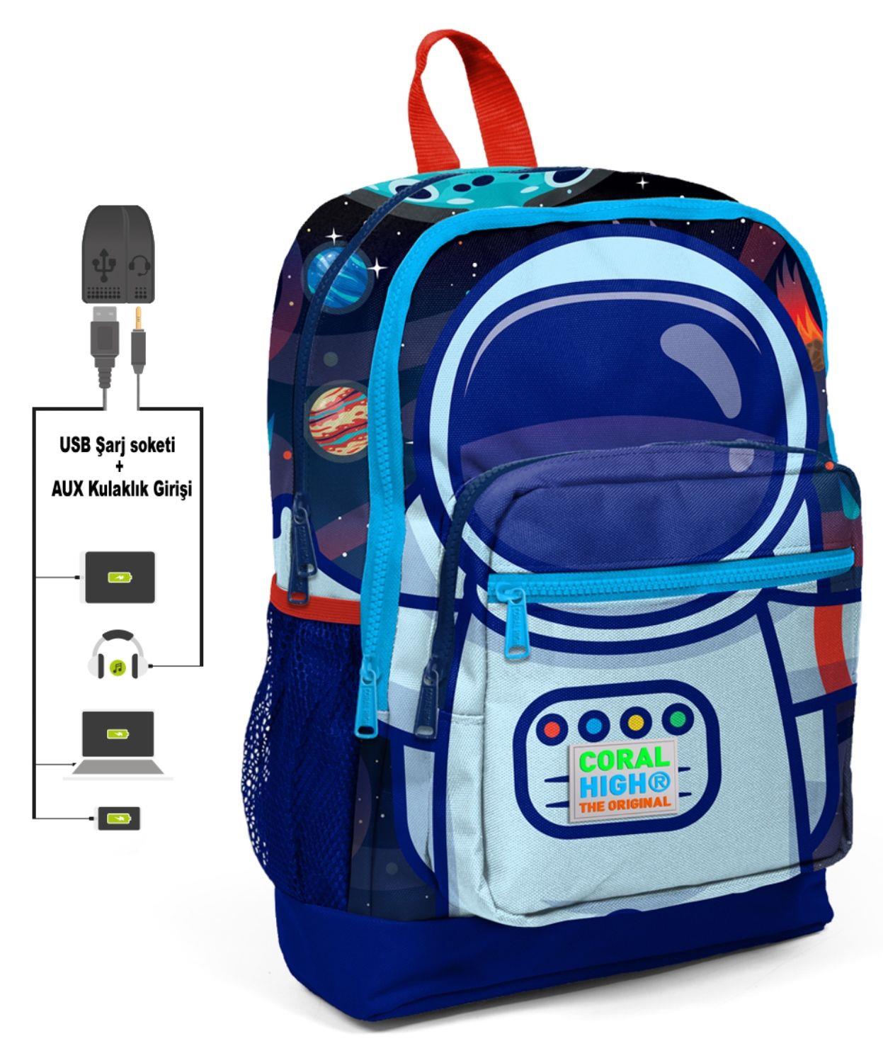 Coral High Mavi Astronot Baskılı İlkokul ve Günlük Sırt Çantası - USB ve AUX Soketli