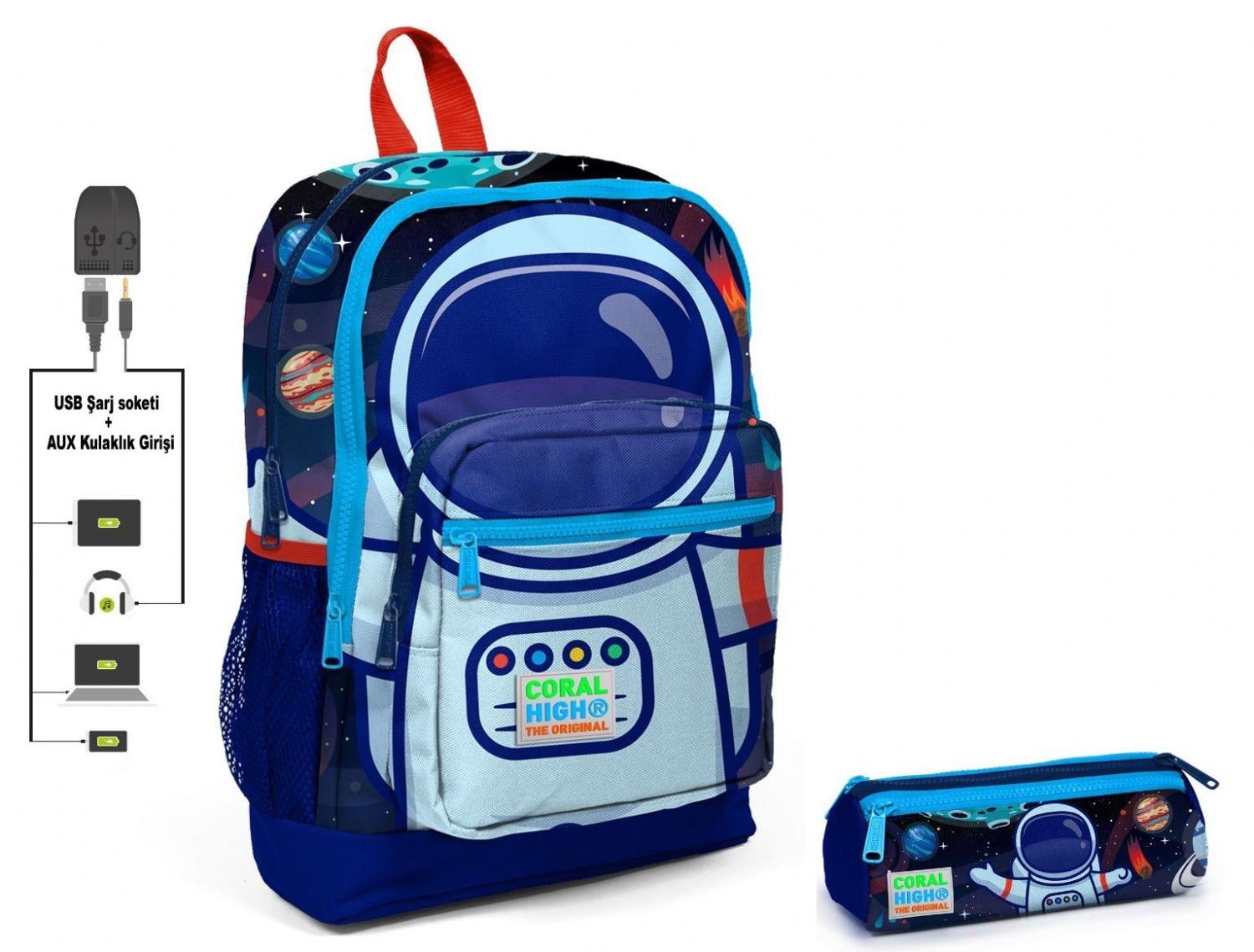 Coral High Mavi Astronot Baskılı İlkokul Sırt Çantası ve Kalemlik Set - USB Soketli