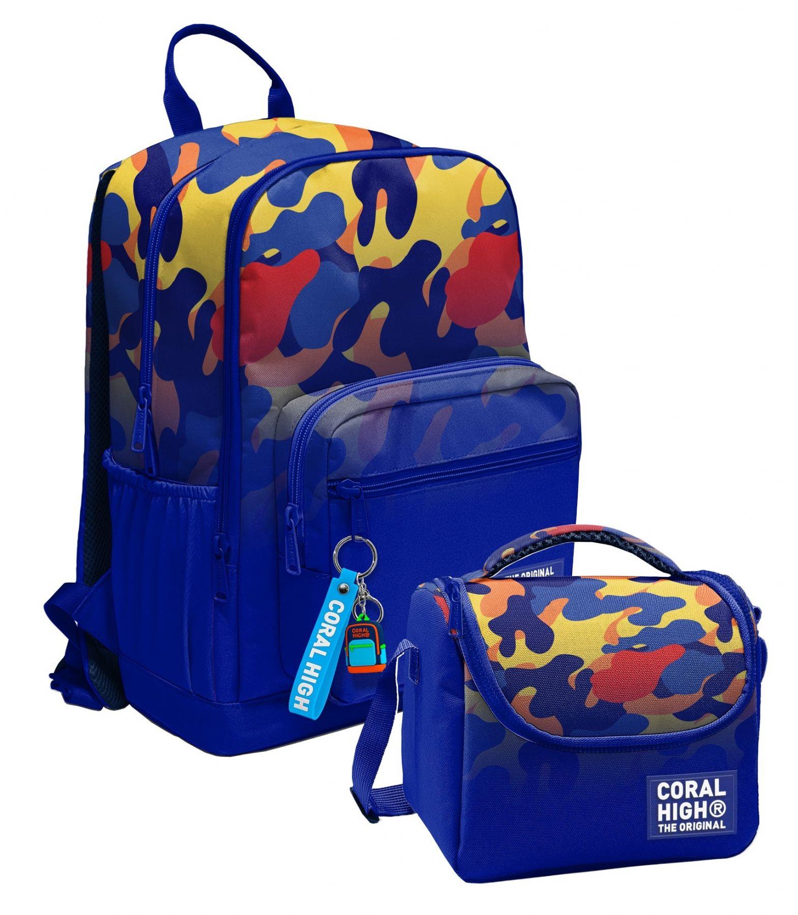 Coral High Mavi Çok Renkli Kamuflaj Desenli (Erkek Çocuk) Okul Sırt ve Beslenme Çantası Seti - SETYGN33239B