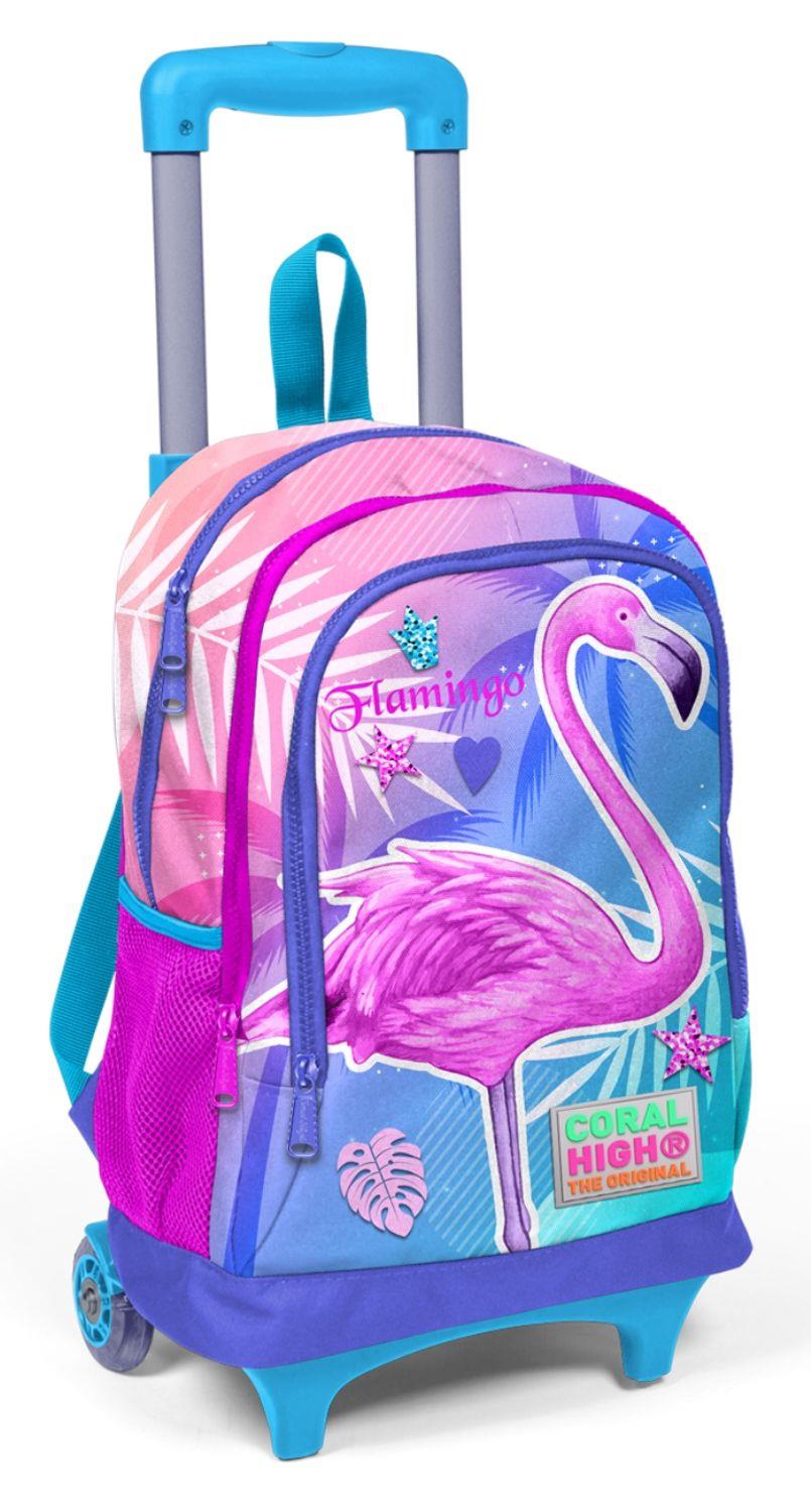 Coral High Mavi Flamingo Baskılı Işıklı Tekerlekli Çekçek Okul Çantası