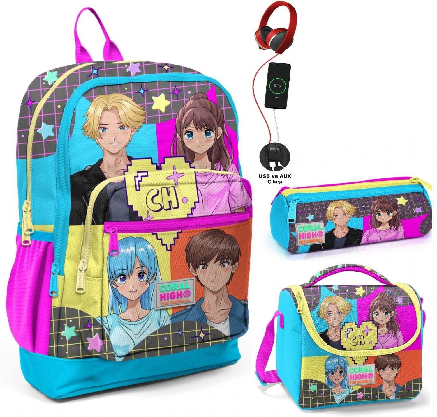 Coral High Mavi Pembe Anime USB Soketli Üçlü İlkokul Çanta Seti - Kız Çocuk