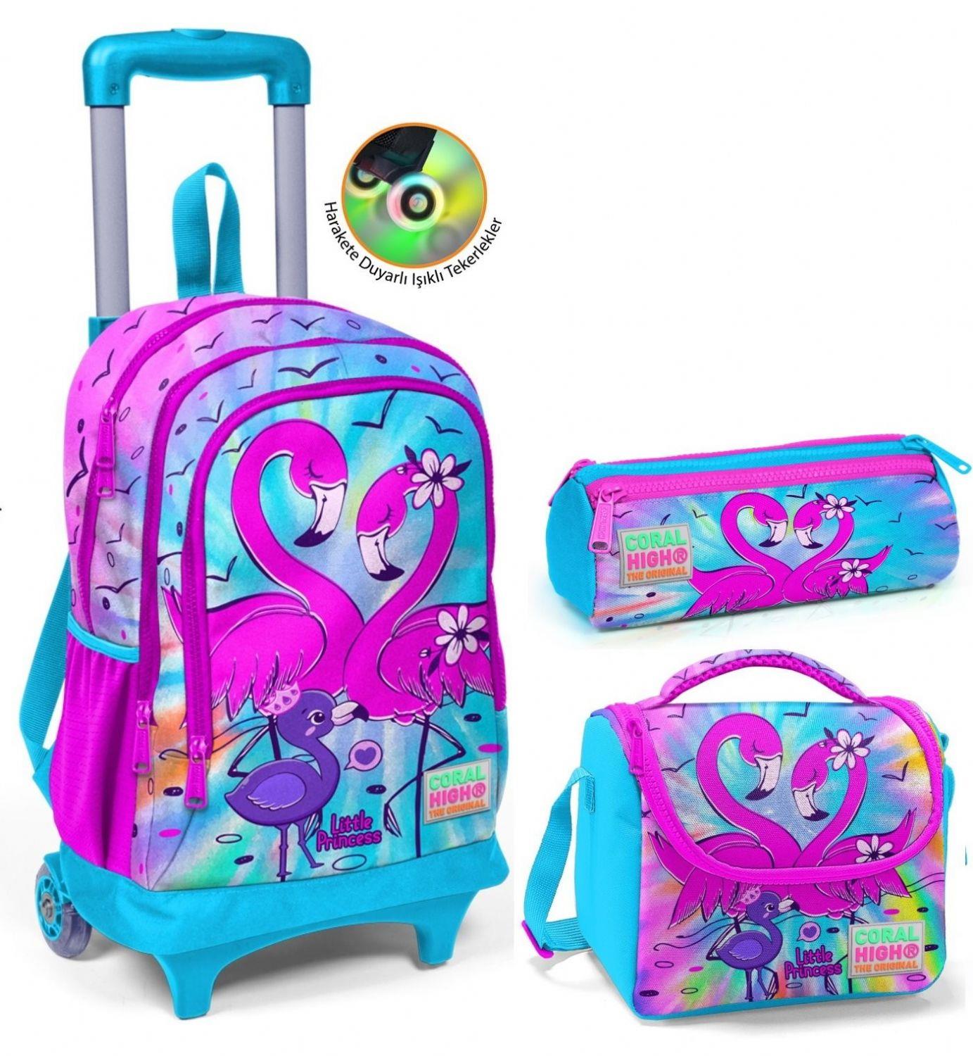Coral High Mavi Pembe Flamingo Çekçek Okul Çantası Seti - Işıklı Tekerlekler - Kız