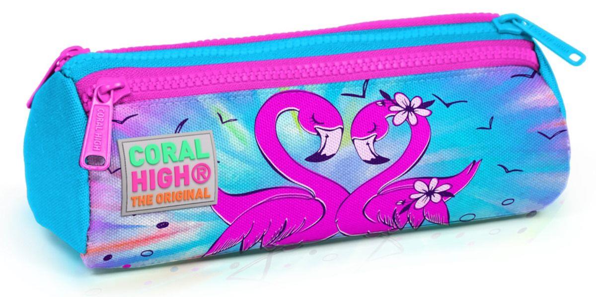 Coral High Mavi Pembe Flamingo Üç Bölmeli Kalem Çantası - Kız Çocuk