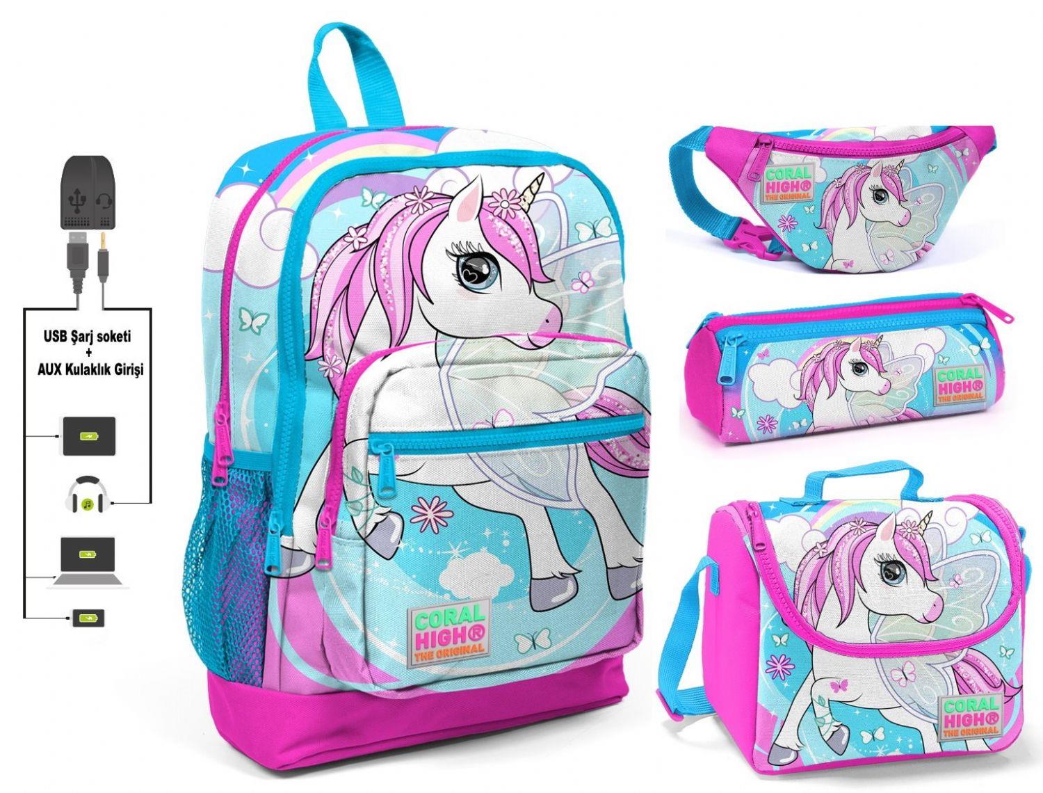 Coral High Mavi Unicorn Baskılı 4'lü Kız Çocuk İlkokul Çanta Seti - USB Soketli