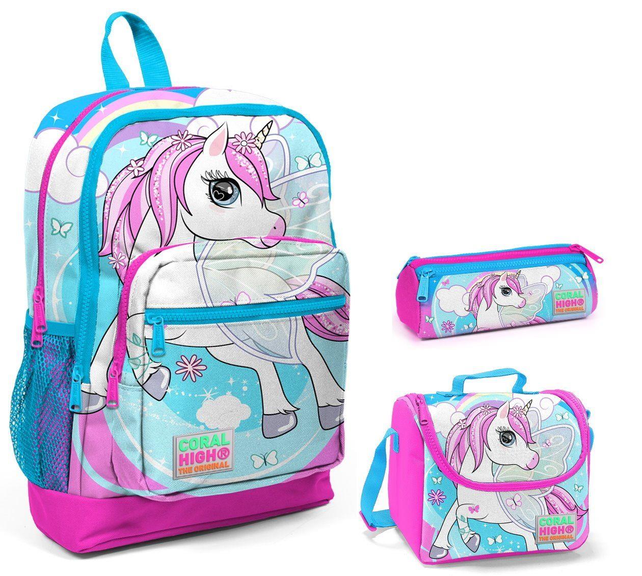 Coral High Mavi Unicorn Baskılı Kız 3'lü İlkokul Çanta Seti