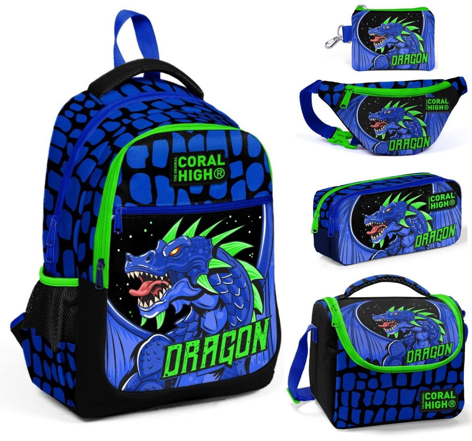 Coral High Mavi Yeşil Dragon Beşli Okul ve Günlük Çanta Seti- Erkek Çocuk