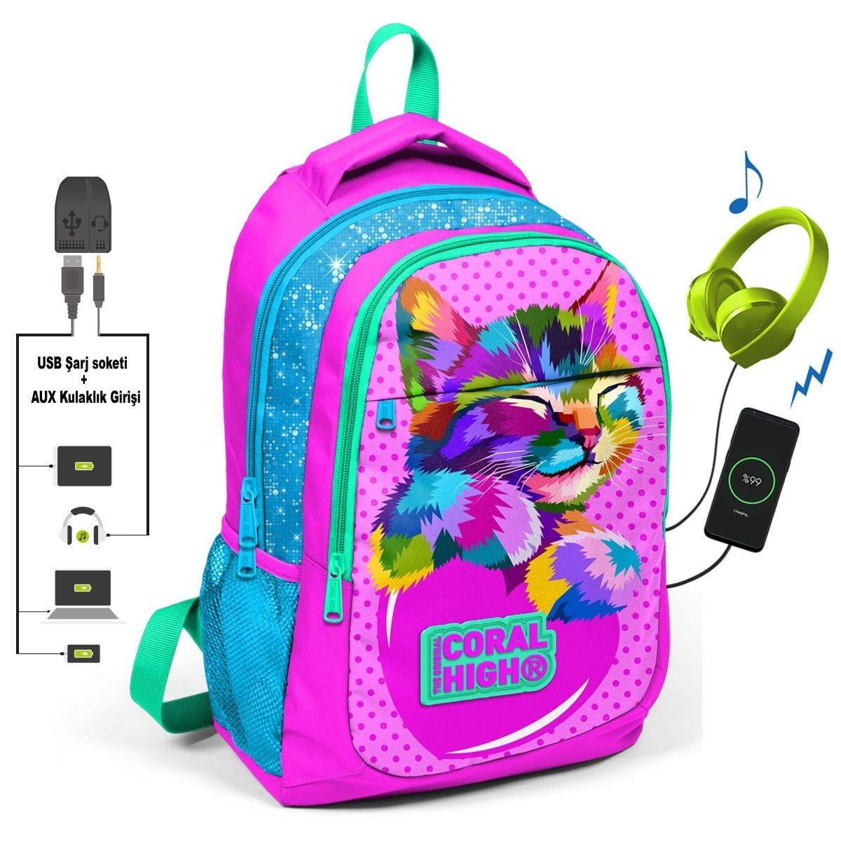 Coral High Minik Kedi İlk ve Ortaokul Sırt Çantası - USB ve AUX Çıkışlı