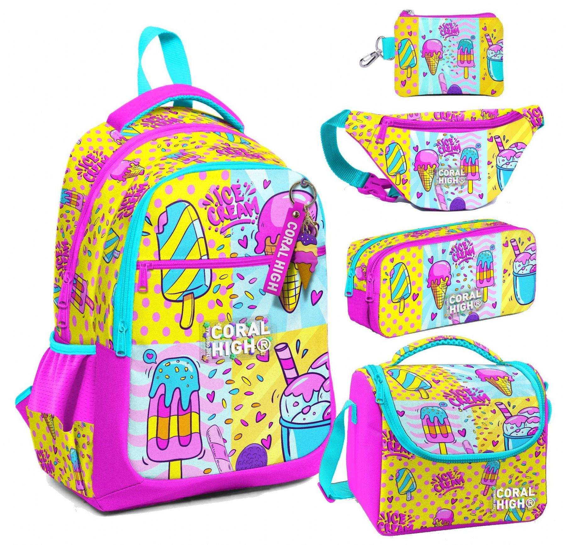 Coral High Mixed Dondurma Desenli Kız Çocuk Beşli Okul Çanta Seti - İlkokul İçin Uygun