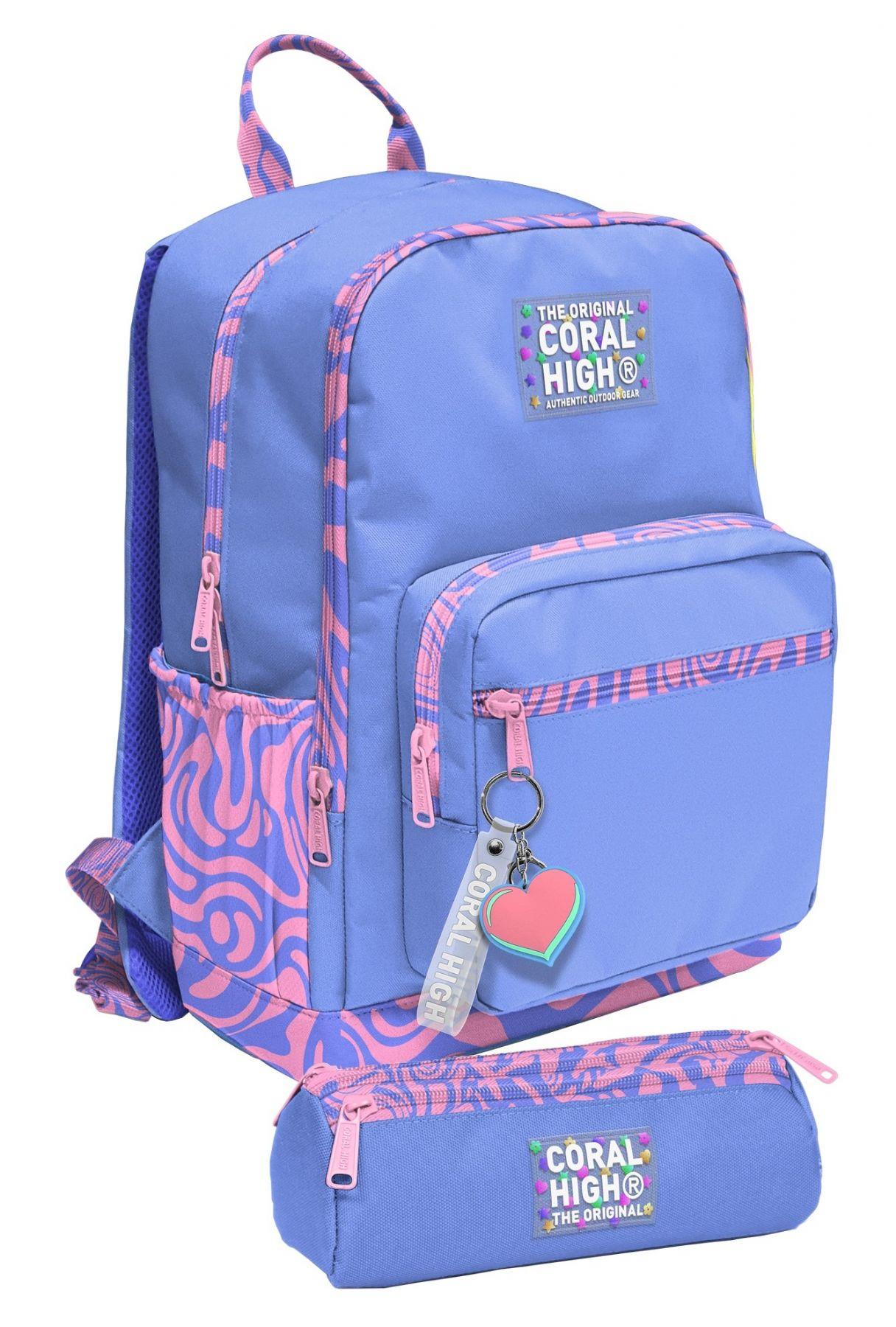 Coral High Mor Dalga Desenli İlk ve Ortaokul Sırt Çantası ve Kalemlik Seti Kız - SETYGN33227C
