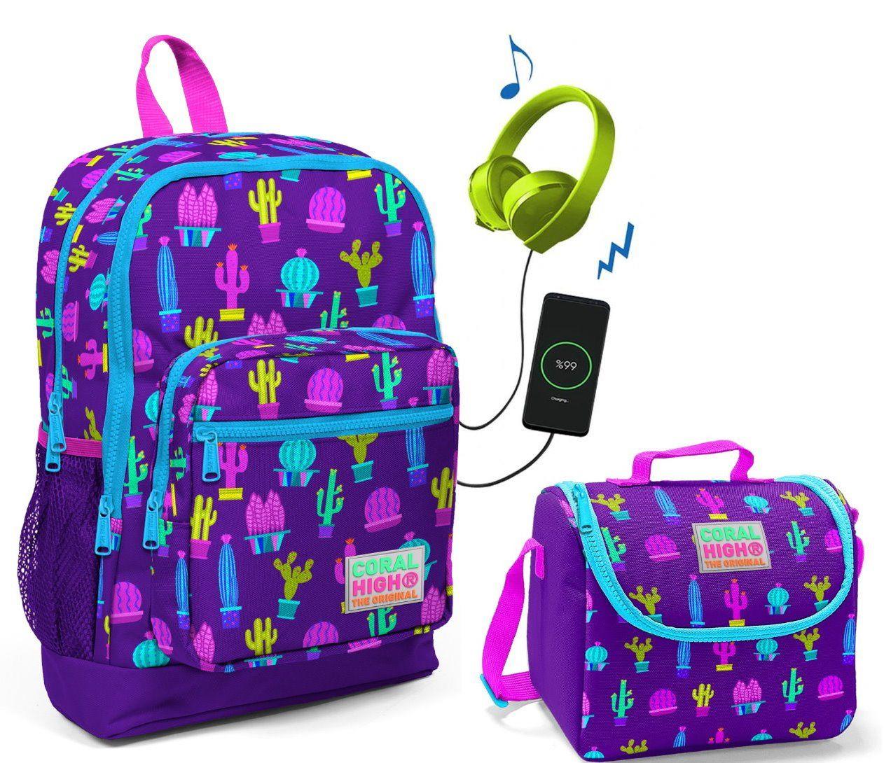 Coral High Mor Kaktüs Baskılı Okul Çantası ve Beslenme Çantası Seti - USB Soketli - Kız Çocuk