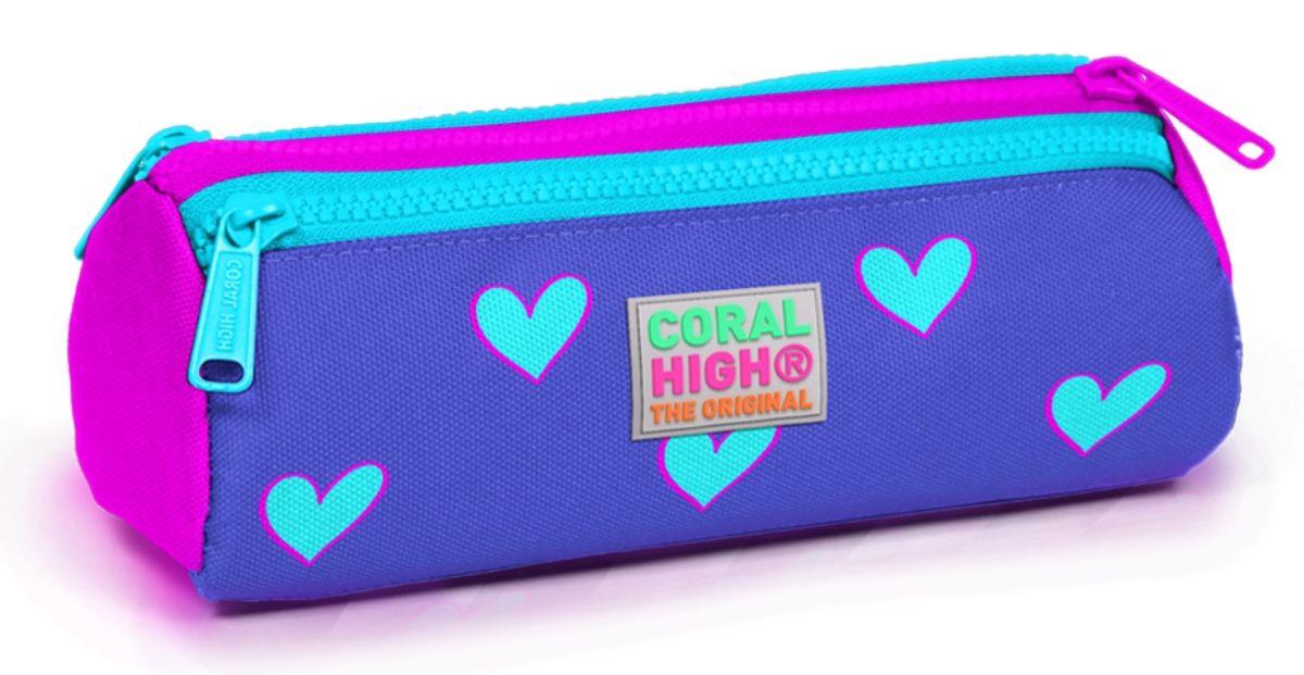 Coral High Mor Kalp Baskılı Üç Bölmeli Kalem Çantası -Kız Çocuk