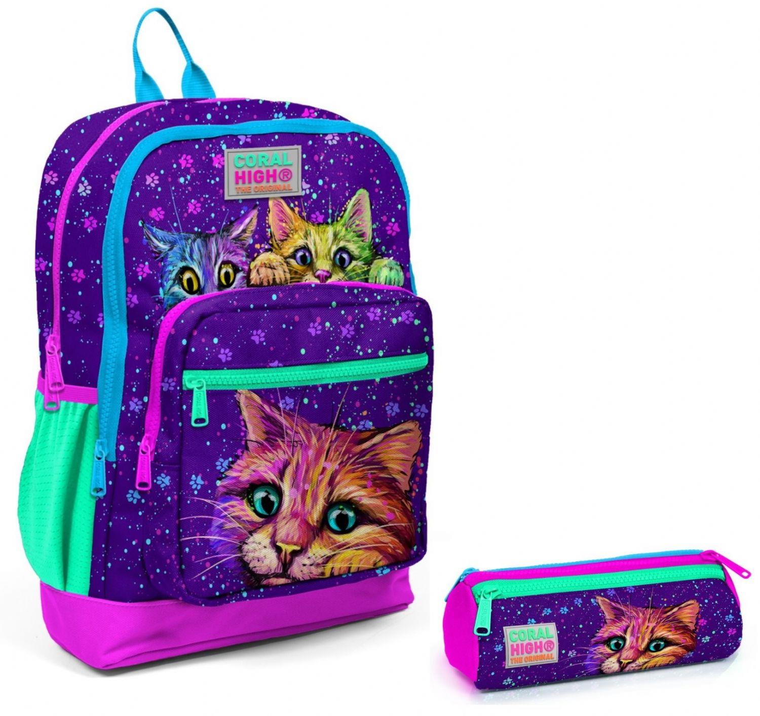 Coral High Mor Kedi dört bölmeli İlkokul Sırt Çantası ve Kalemlik Seti - Kız Çocuk