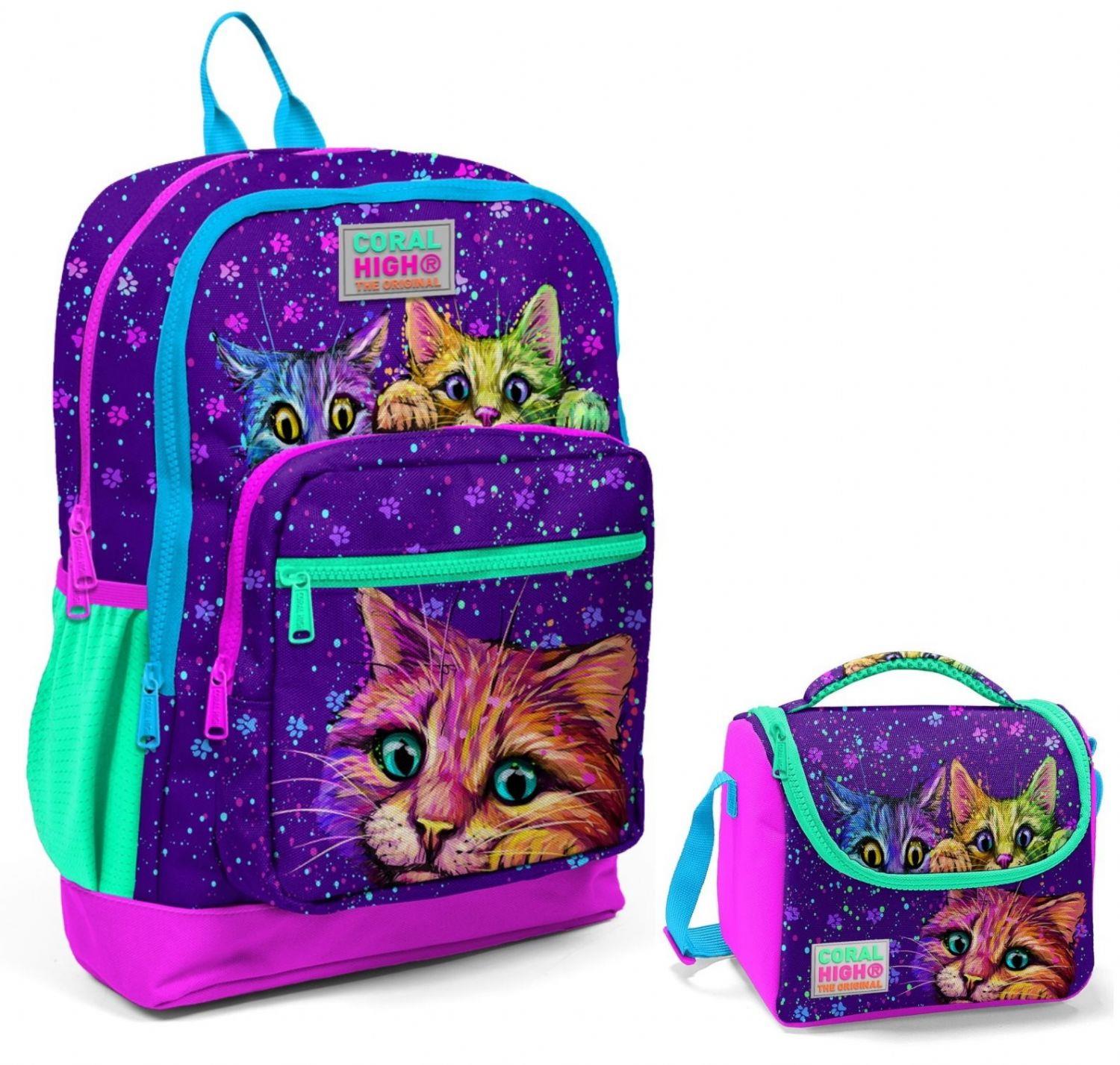 Coral High Mor Kedi Okul Sırt ve Beslenme Çantası Seti - Kız