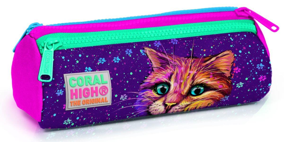 Coral High Mor Kedi Üç Bölmeli Kalem Çantası