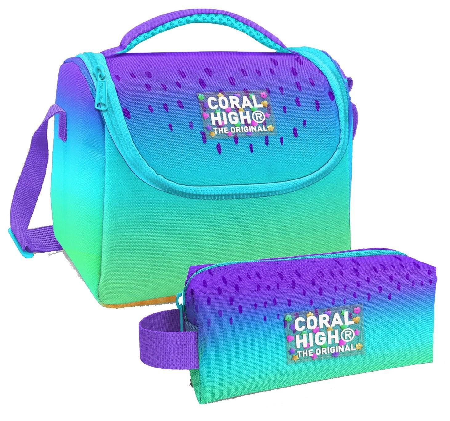 Coral High Mor Lila Renk Geçişli Desenli Kız Çocuk Isı Yalıtımlı Beslenme Çantası ve Kalemlik Seti