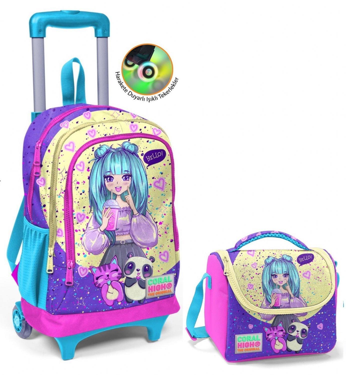 Coral High Mor Pembe Anime Çekçek Okul Çantası ve Beslenme Seti - Işıklı Tekerlekler - Kız Çocuk