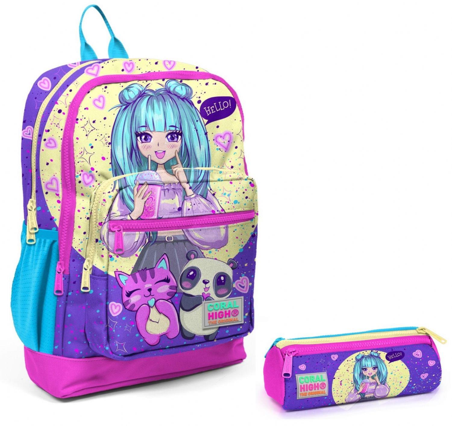 Coral High Mor Pembe Anime İlkokul Sırt Çantası ve Kalemlik Seti - Kız Çocuk