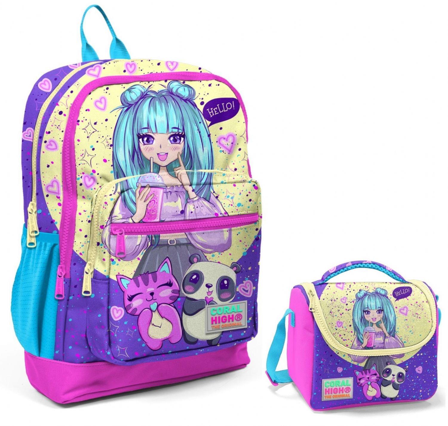 Coral High Mor Pembe Anime Okul Sırt ve Beslenme Çantası Seti - Kız Çocuk