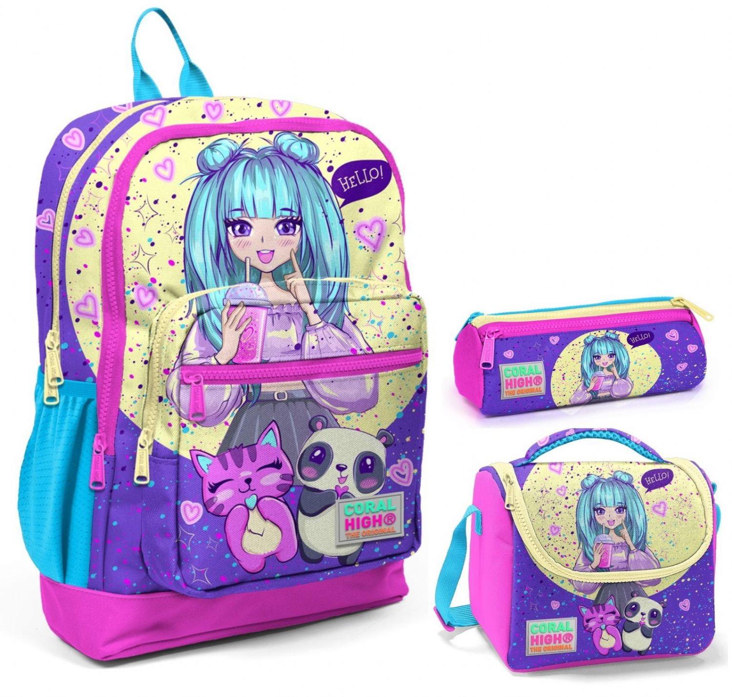 Coral High Mor Pembe Anime Üçlü İlkokul Okul Çanta Seti - Kız Çocuk
