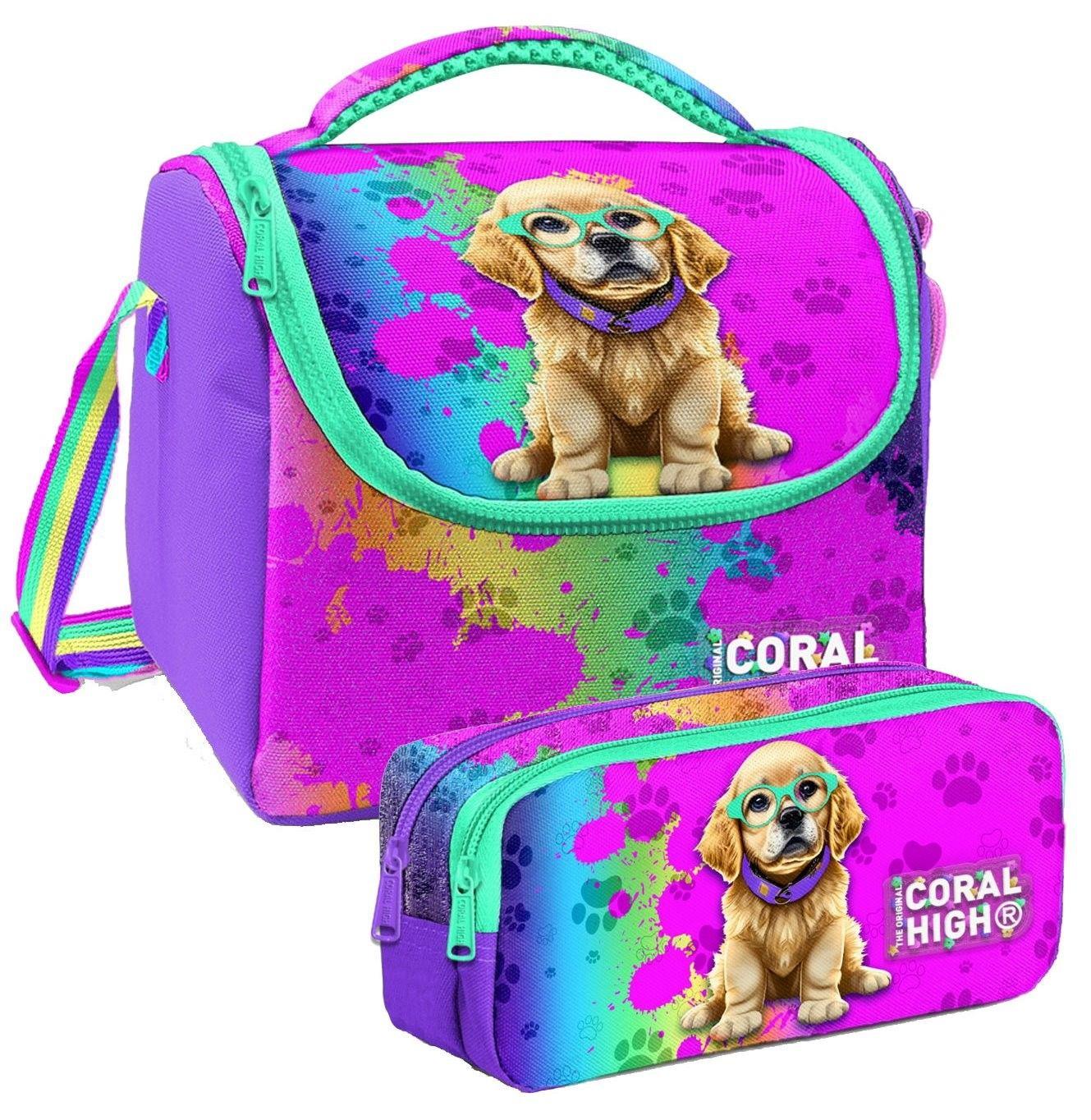 Coral High Mor Pembe Köpek Desenli Kız Çocuk Isı Yalıtımlı Beslenme Çantası ve Kalemlik Seti