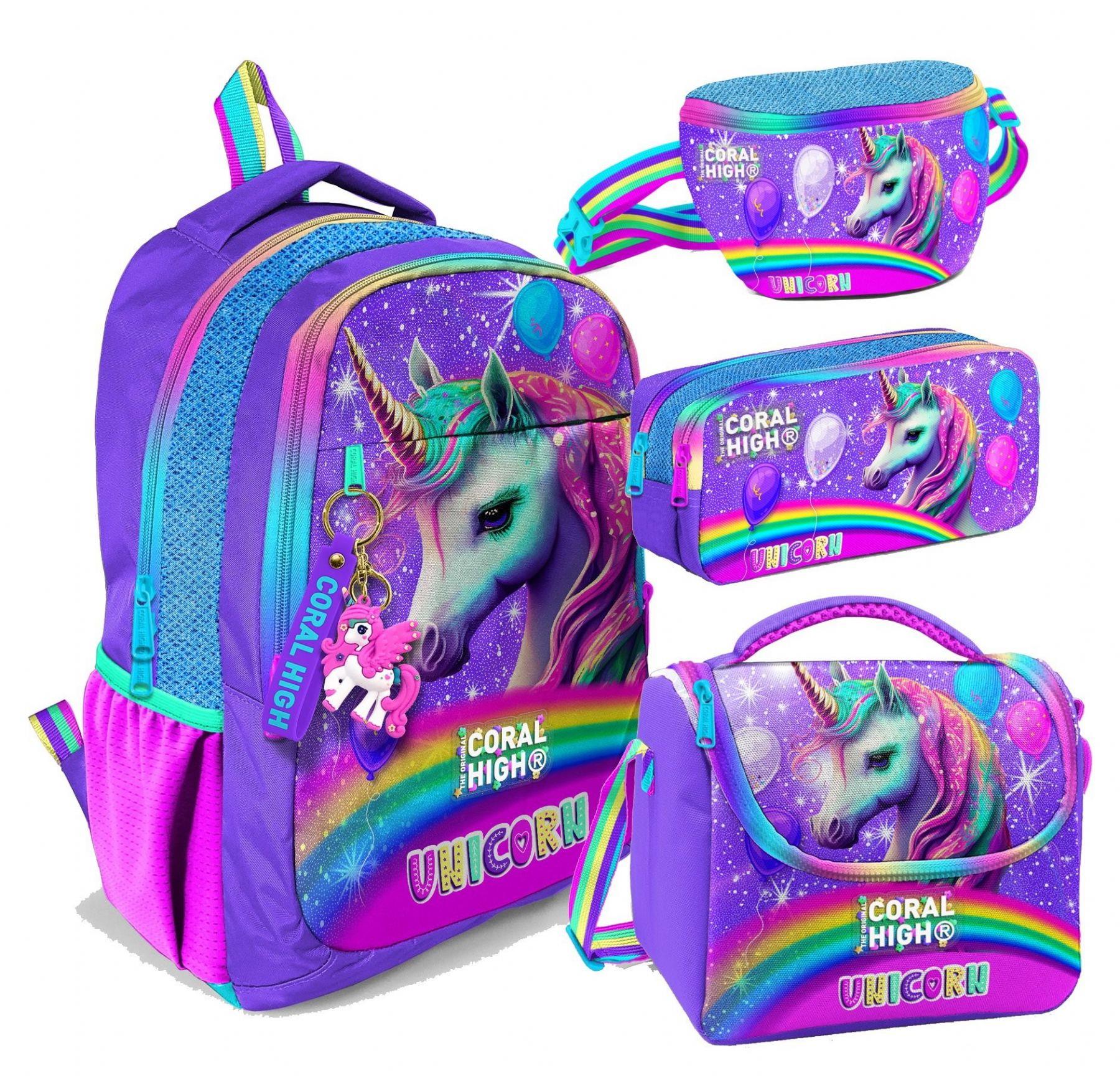 Coral High Mor Simli Unicorn Desenli Kız Çocuk Dörtlü Okul Çanta Seti - İlkokul ve Ortaokul İçin Uygun