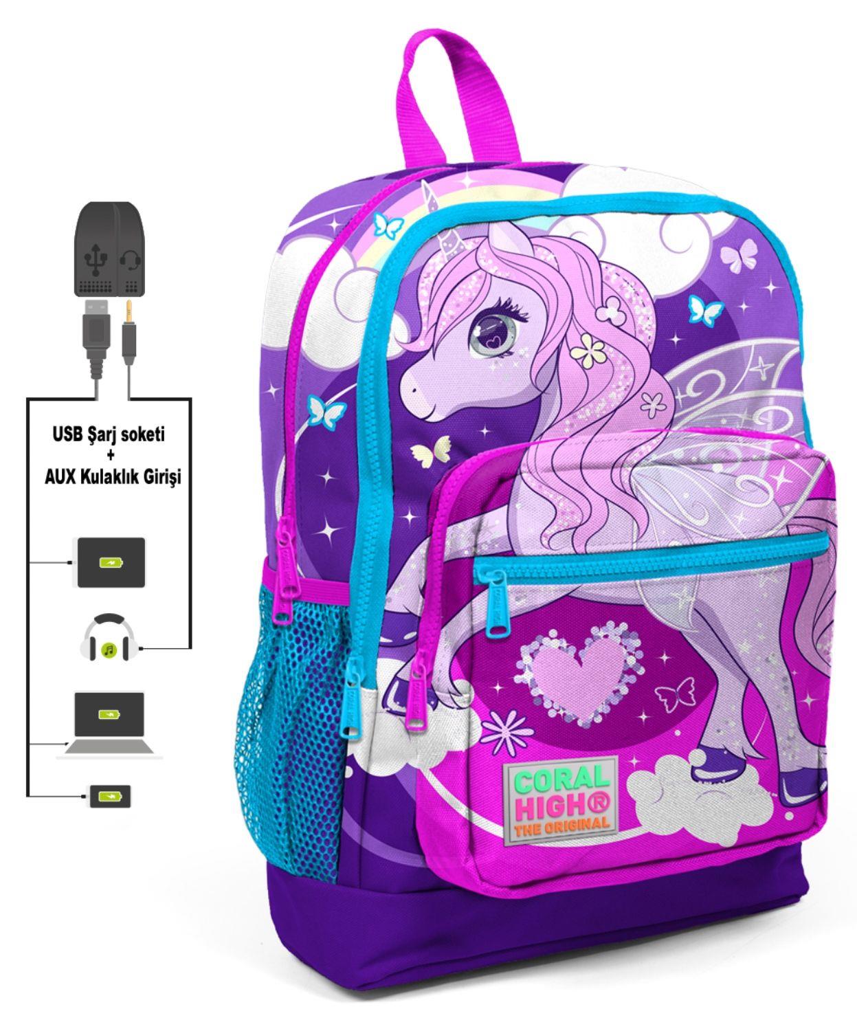 Coral High Mor Unicorn Baskılı İlkokul ve Günlük Sırt Çantası - Kız - USB ve AUX Soketli