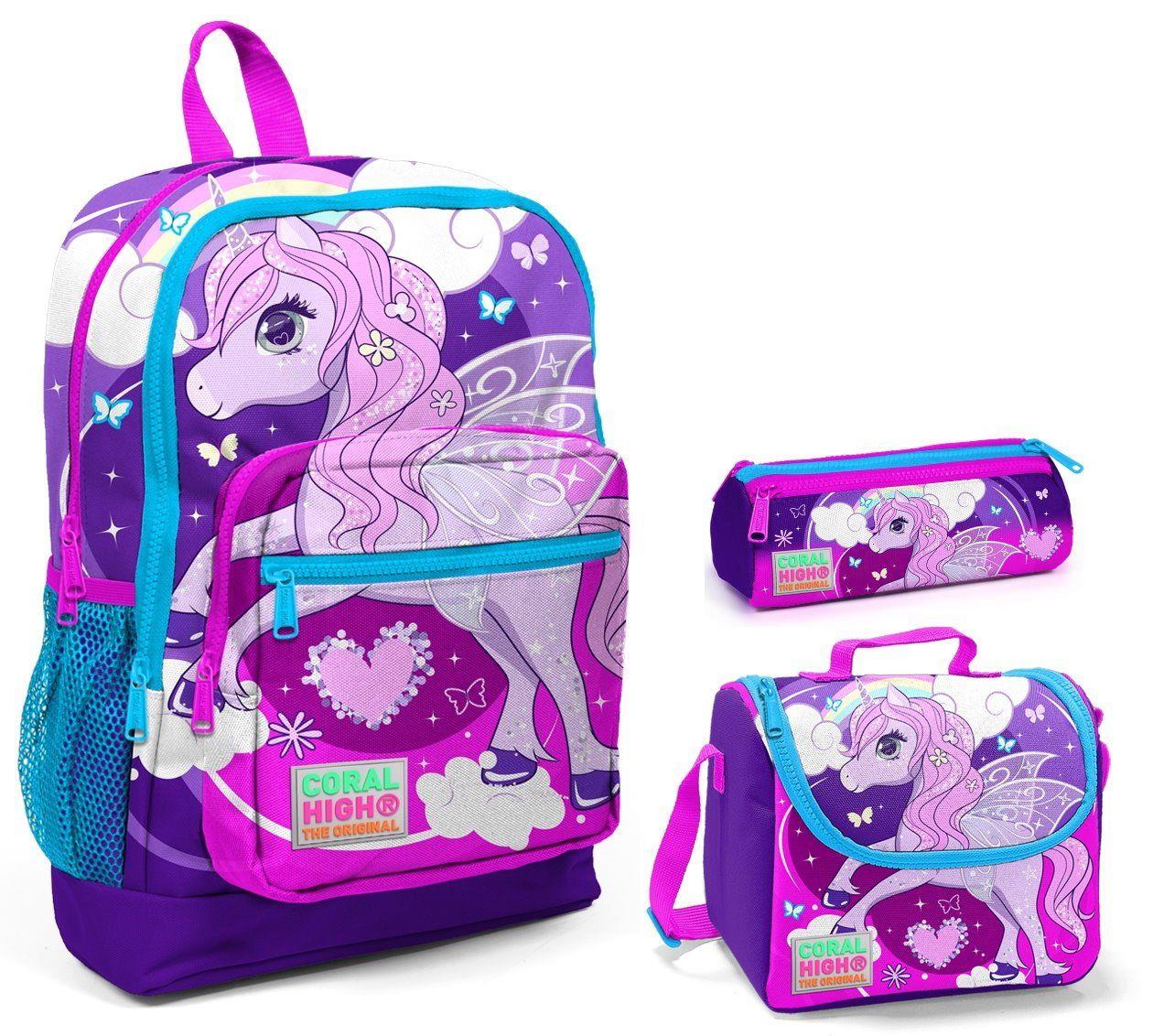 Coral High Mor Unicorn Baskılı Kız 3'lü İlkokul Çanta Seti
