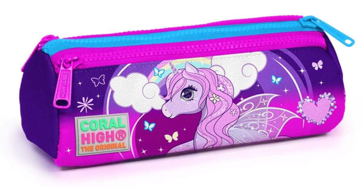 Coral High Mor Unicorn Baskılı Üç Bölmeli Kalem Çantası -Kız Çocuk