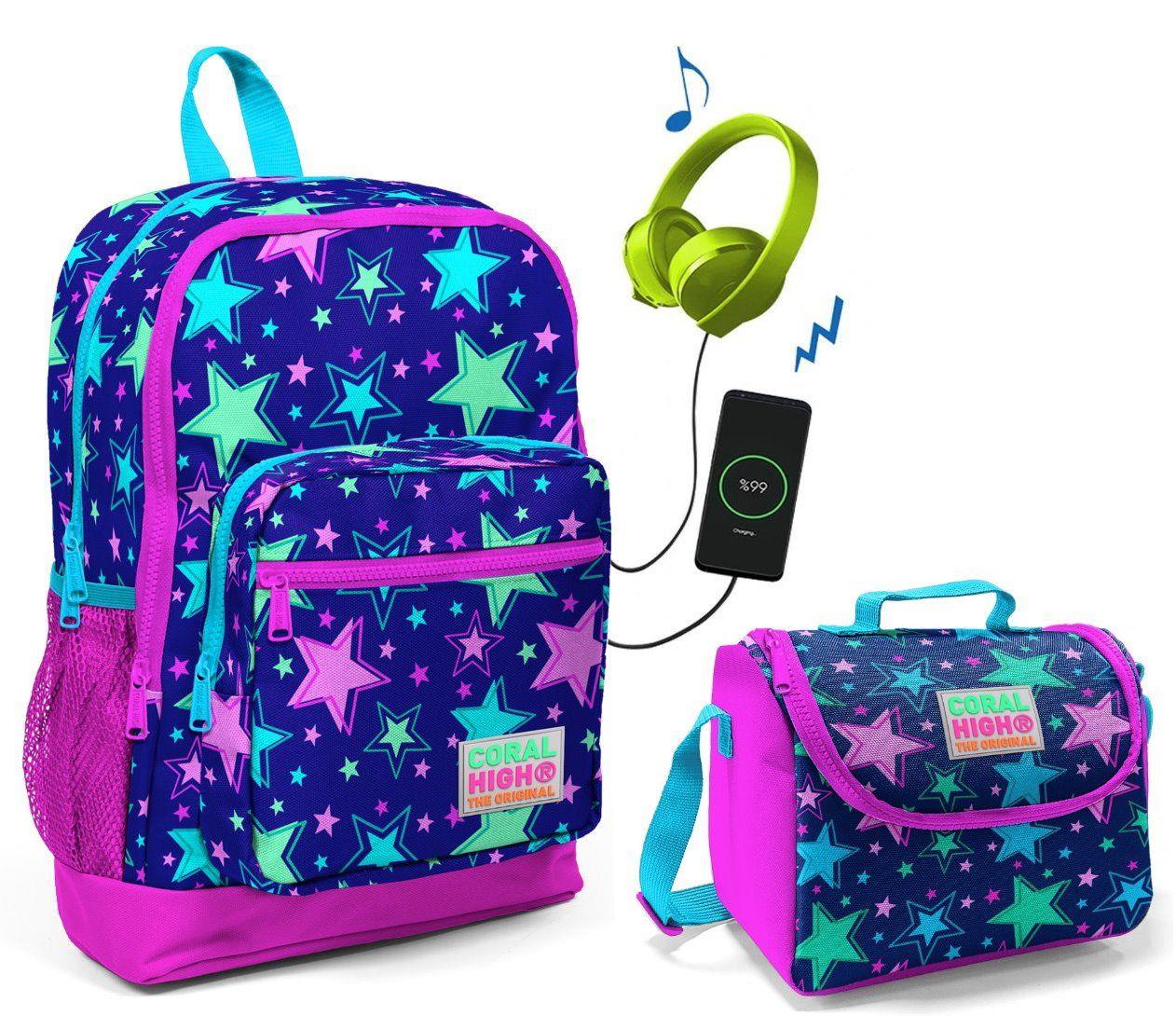 Coral High Mor Yıldız Baskılı Okul Çantası ve Beslenme Çantası Seti USB Soketli - Kız Çocuk