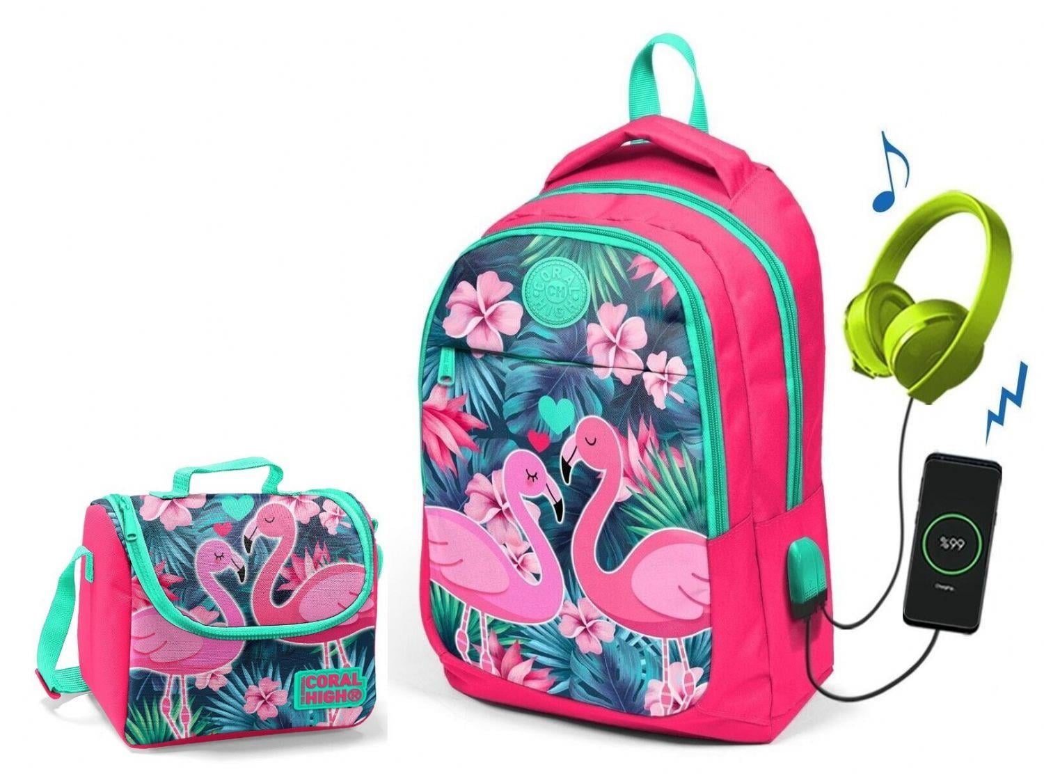 Coral High Narçiçeği Flamingo Okul ve Beslenme Çantası - Kız - USB Soketli