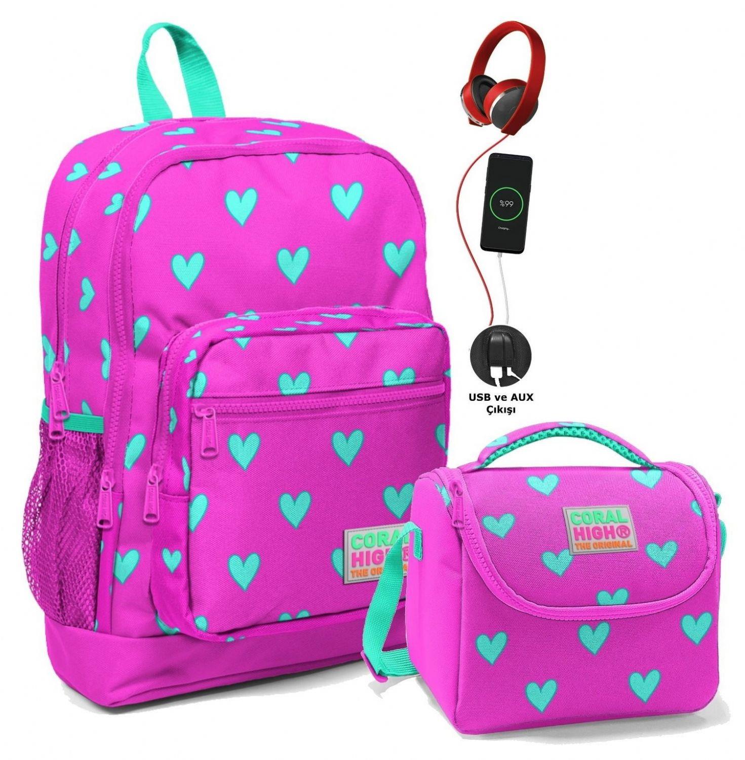 Coral High Okul Çantası ve Beslenme Çantası Seti - Kız Çocuk Pembe Kalp - USB Soketli