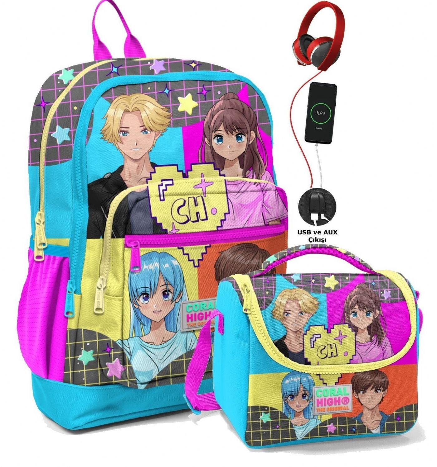 Coral High Okul Çantası ve Beslenme Çanta Seti - Usb Soketli Mavi Pembe Anime Kız Çocuk